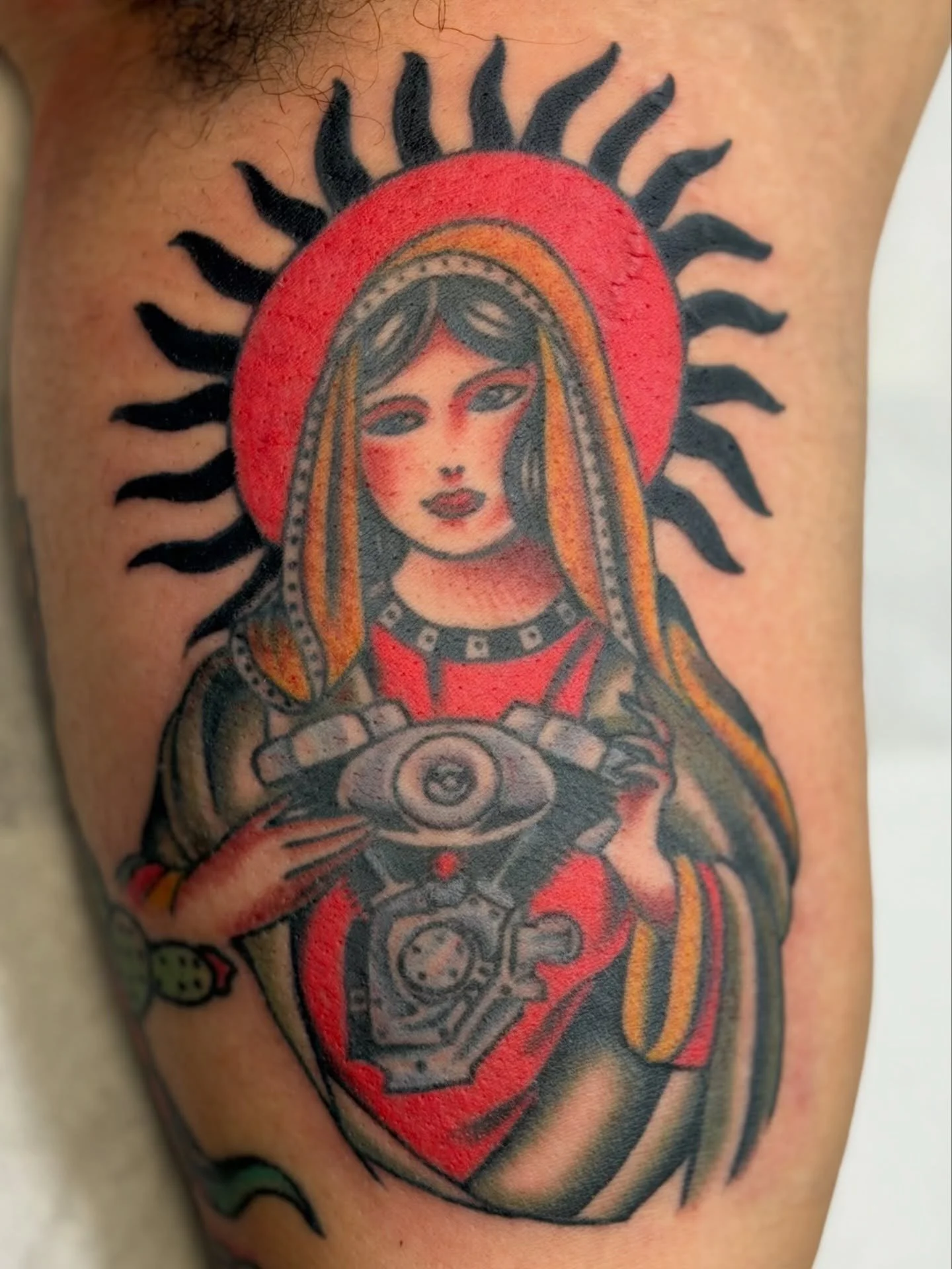 Thanks Joaquin! Lines and black healed, fresh color
Made at @theholyscythetattoo ☠️
#tradtats #theholyscythetattoo  #virginmaryart #harleydavidson #bayareatattooartist