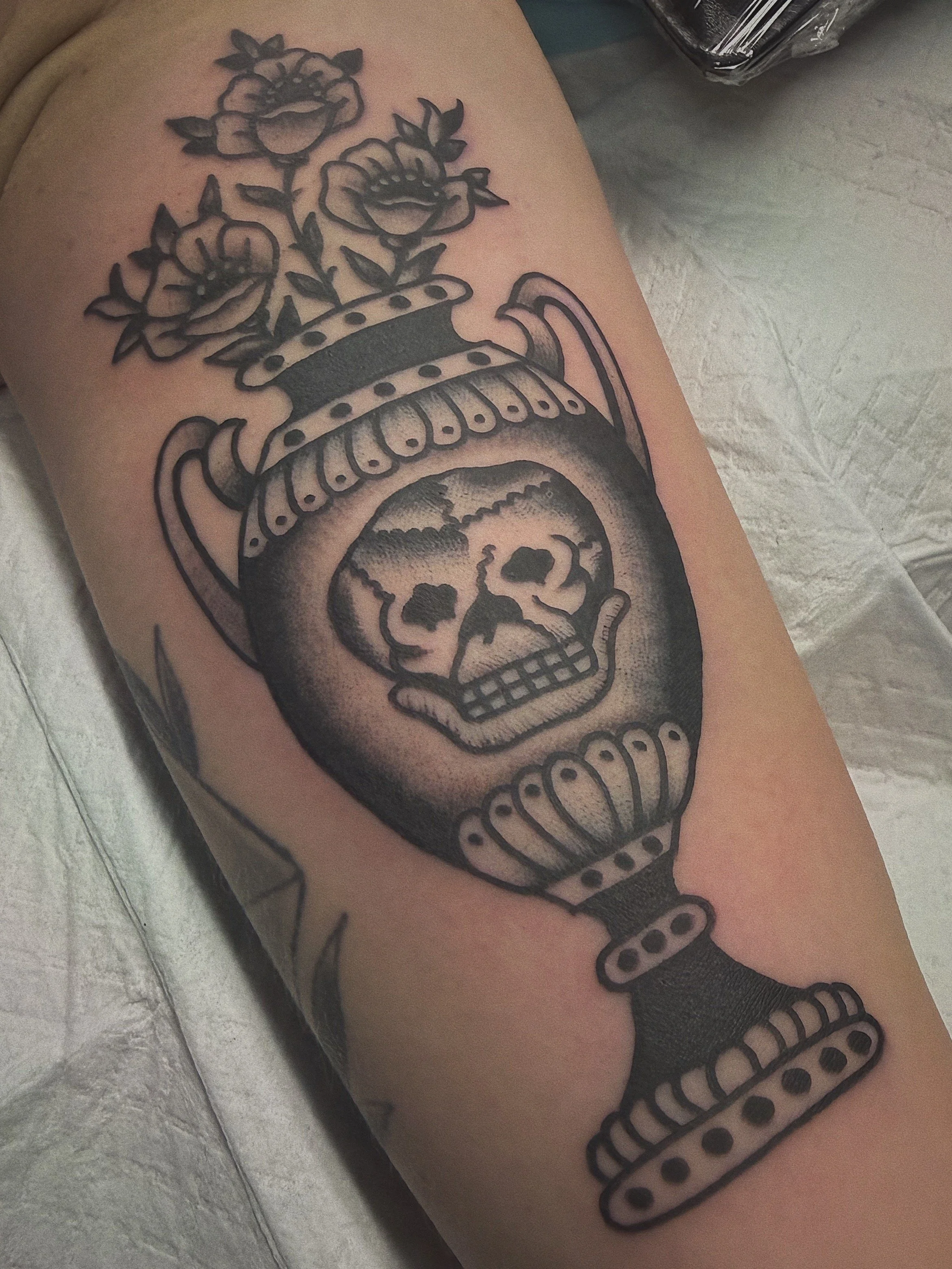 American traditional vase tattoo black and gray
