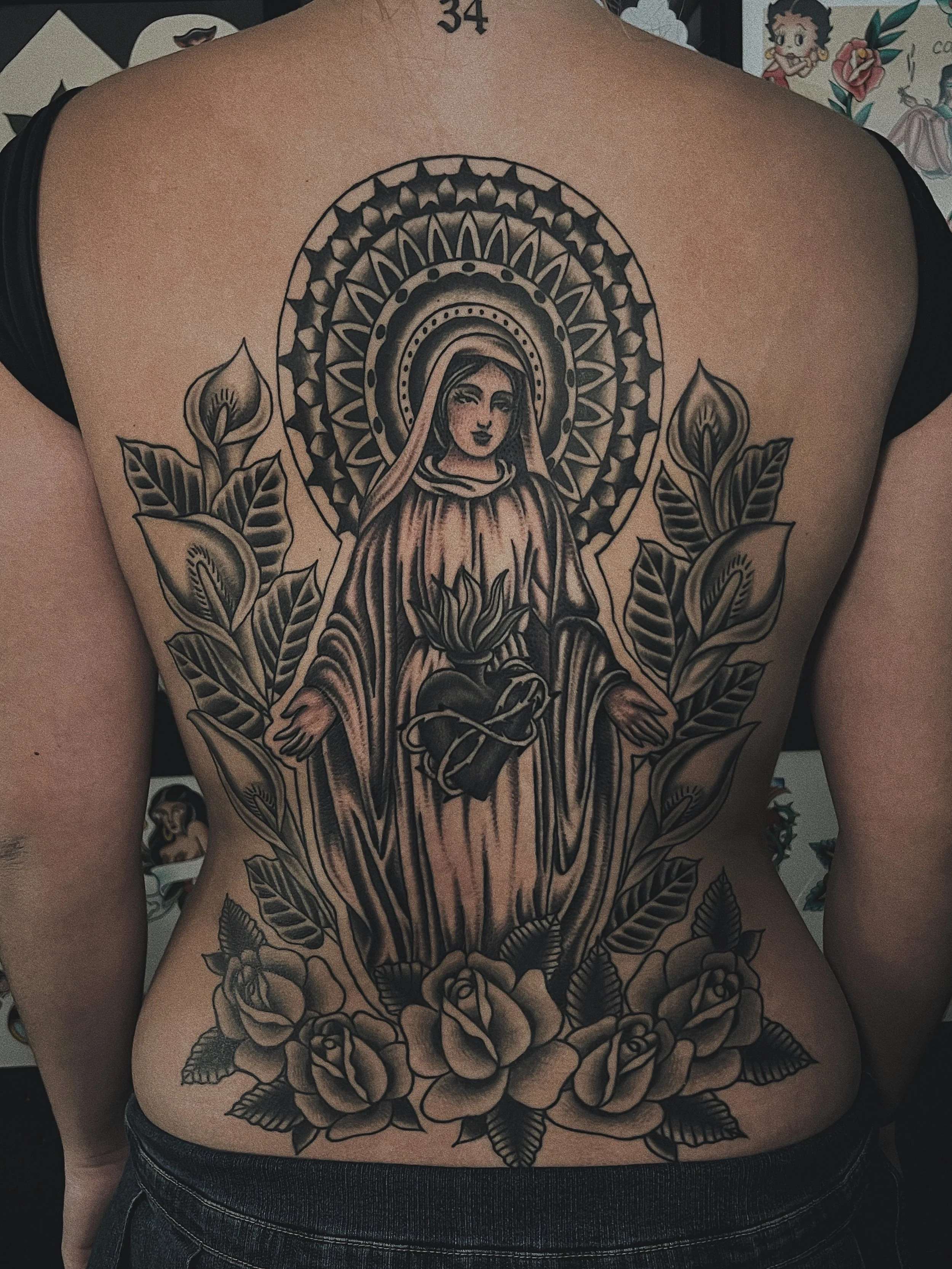 black and white religious back tattoo-virgin mary tattoo back tattoo 