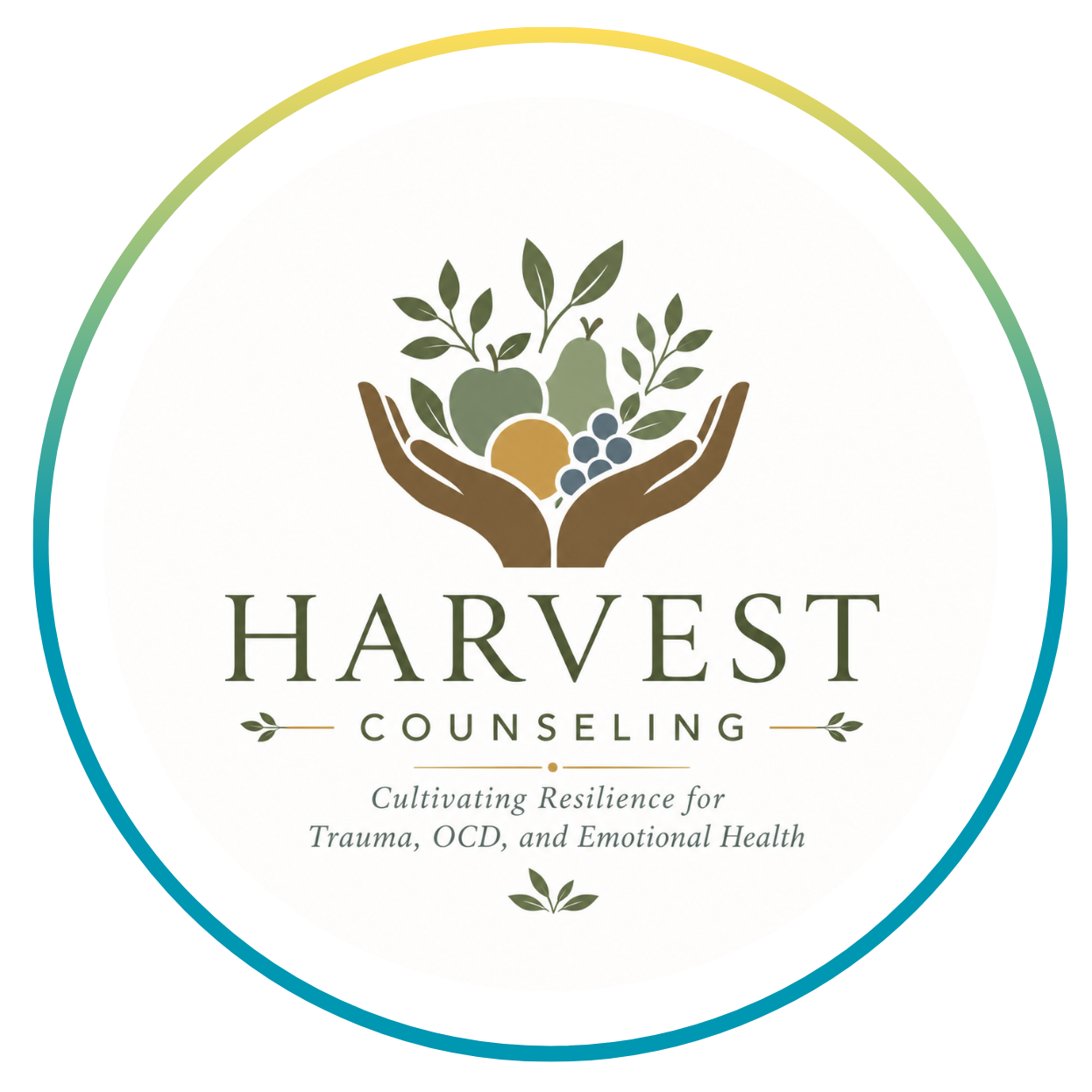 Logo for Harvest Counseling showing hands holding fruits, leaves, and berries with the text 'Harvest Counseling' and the tagline 'Cultivating Resilience for Trauma, OCD, and Emotional Health'.