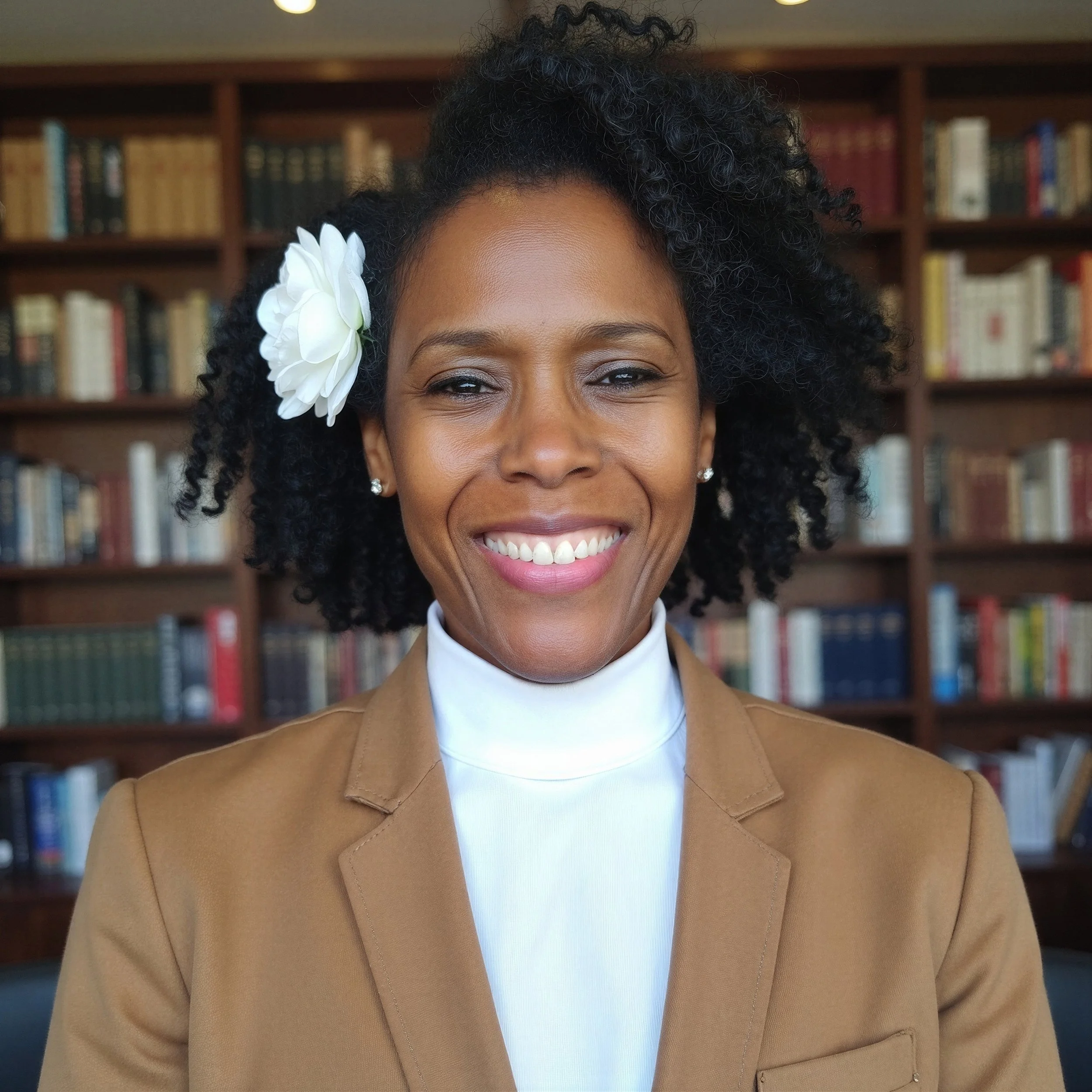 Close-up of a woman with dark curly hair, wearing a white flower in her hair, a white top, and a tan blazer, smiling with visible teeth in front of bookshelves.