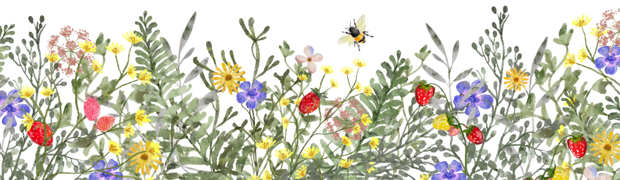 Illustration of a garden with various colorful flowers, strawberries, a bee, and a butterfly.