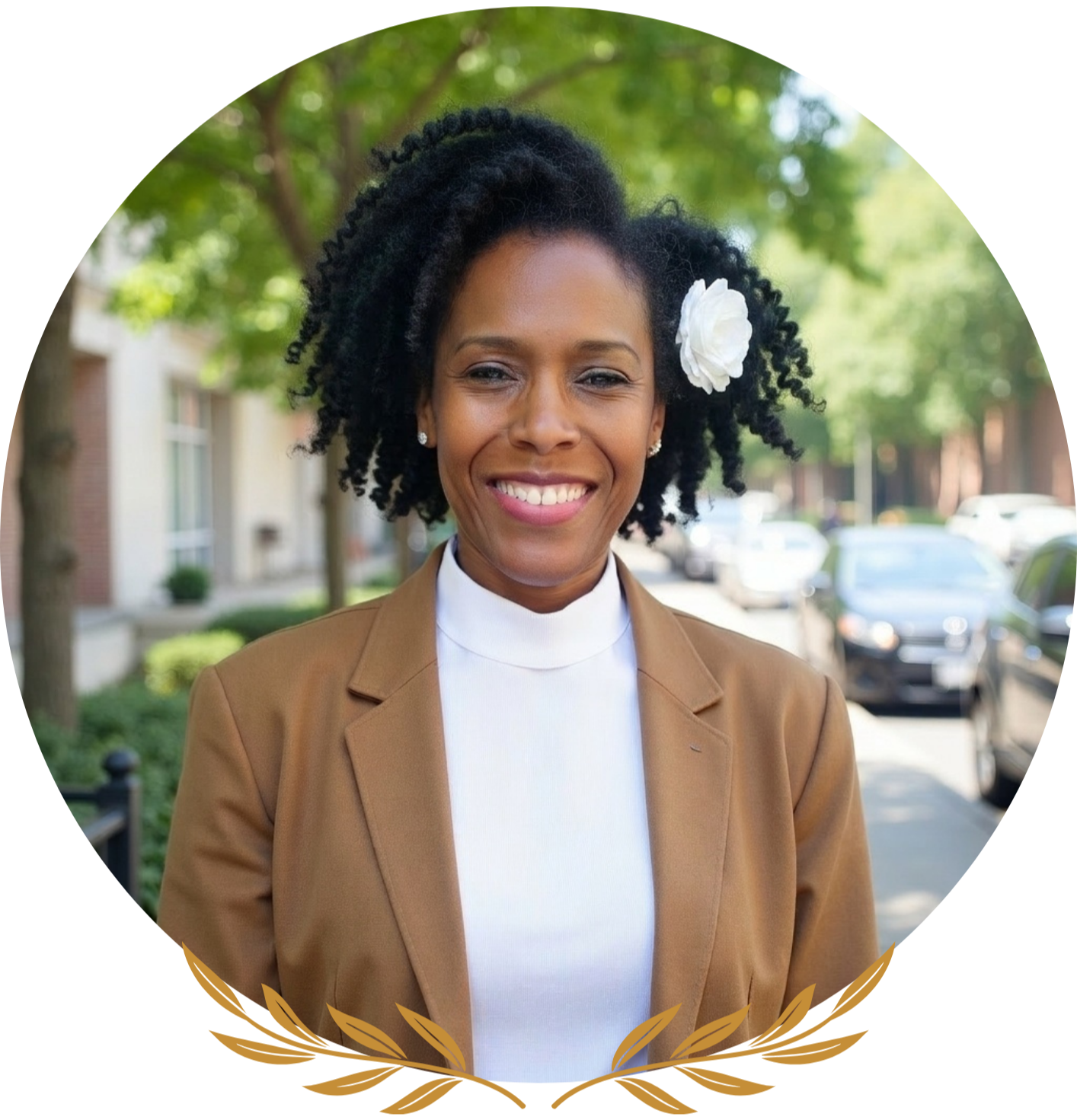 A smiling African American woman with curly hair and a white flower hair accessory, wearing a beige blazer and white turtleneck, standing outdoors on a city street with trees and cars in the background.