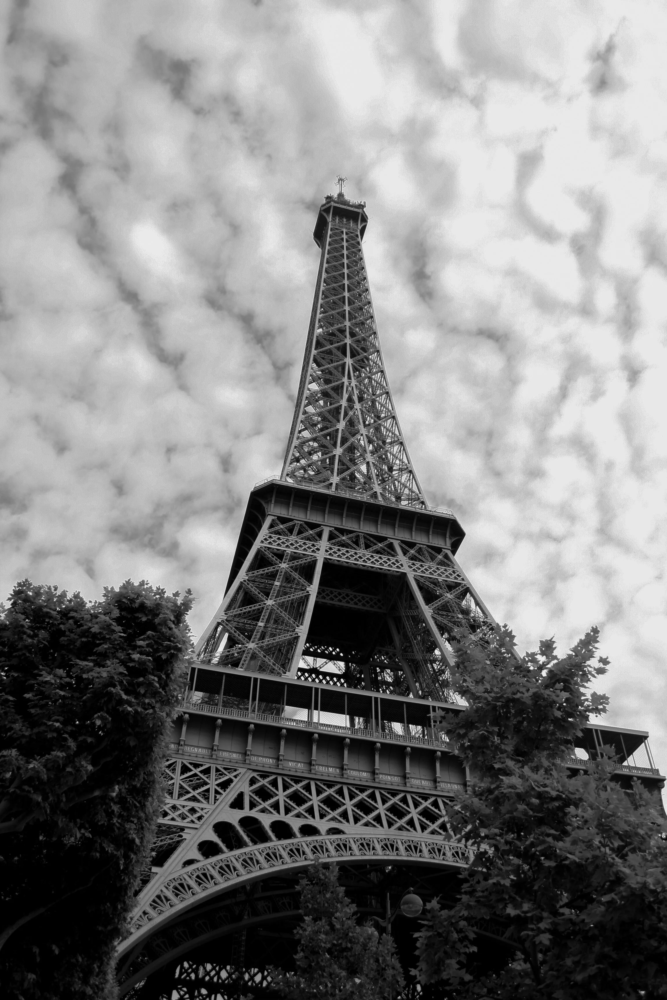 Black and white image of the Eiffel Tower in Paris, France