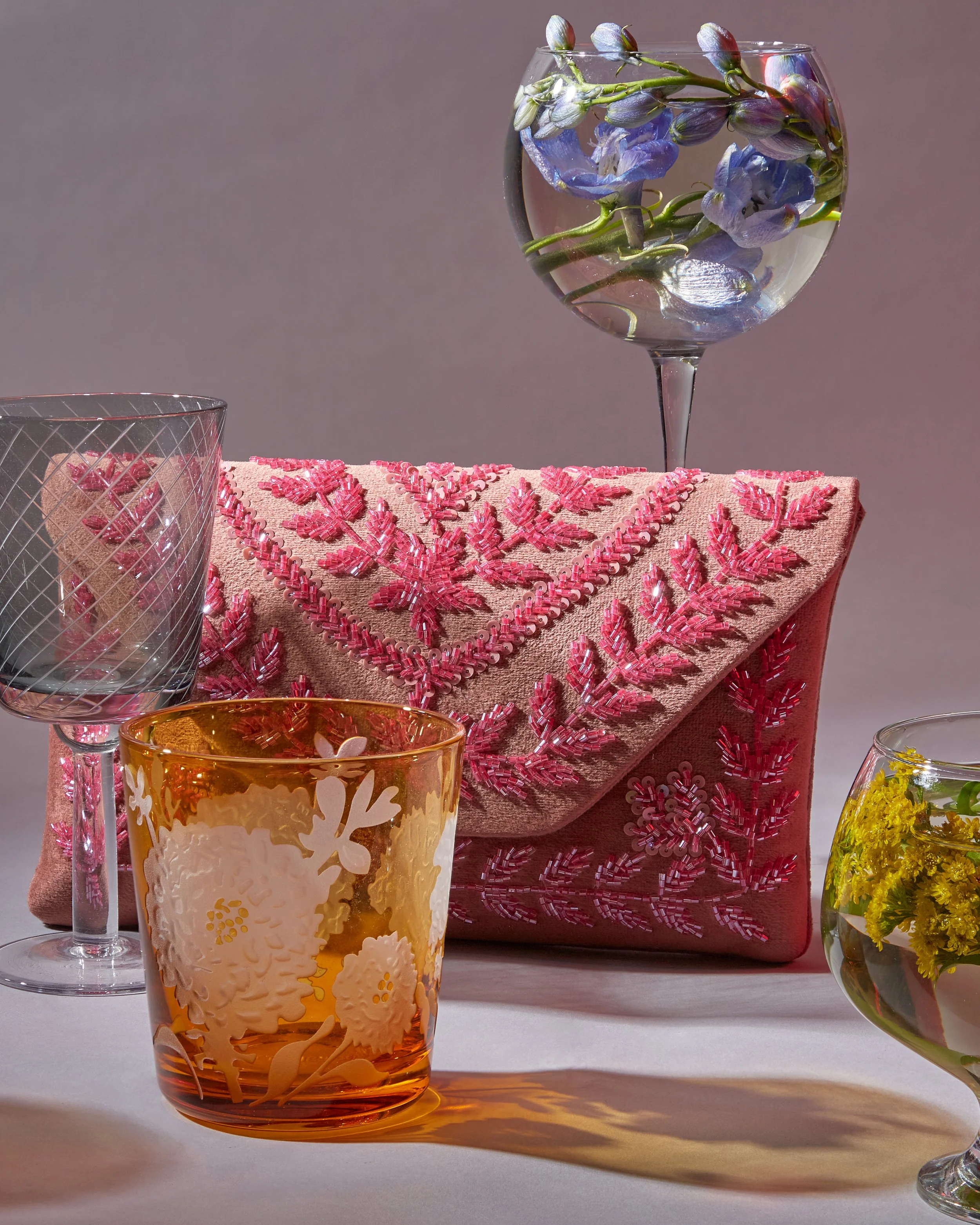 Accessories, Hand Bag, Shoe Designer Livaya still life image with glassware by Gabe weber and hope misterek production, photo, styling, propping