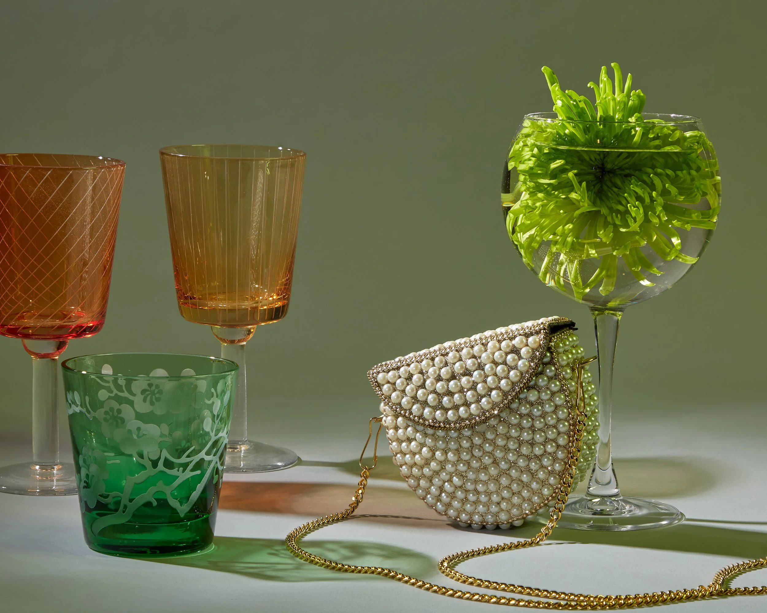 Accessories, Hand Bag, Shoe Designer Livaya and Polspotten glassware editorial, ad, still life image by Gabe weber and hope misterek