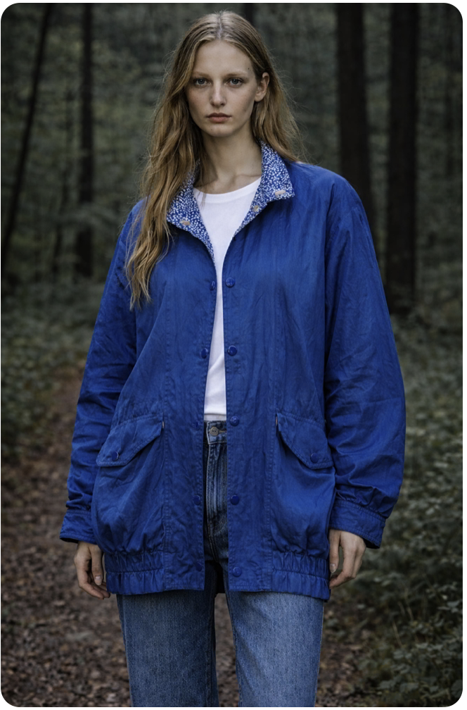 AI generated imagery on body on location advertising, e-commerce, marketing, catalog image created for for Ornamental Excess Vintage Clothing, an example of client work specifying styling details including fit and proportion