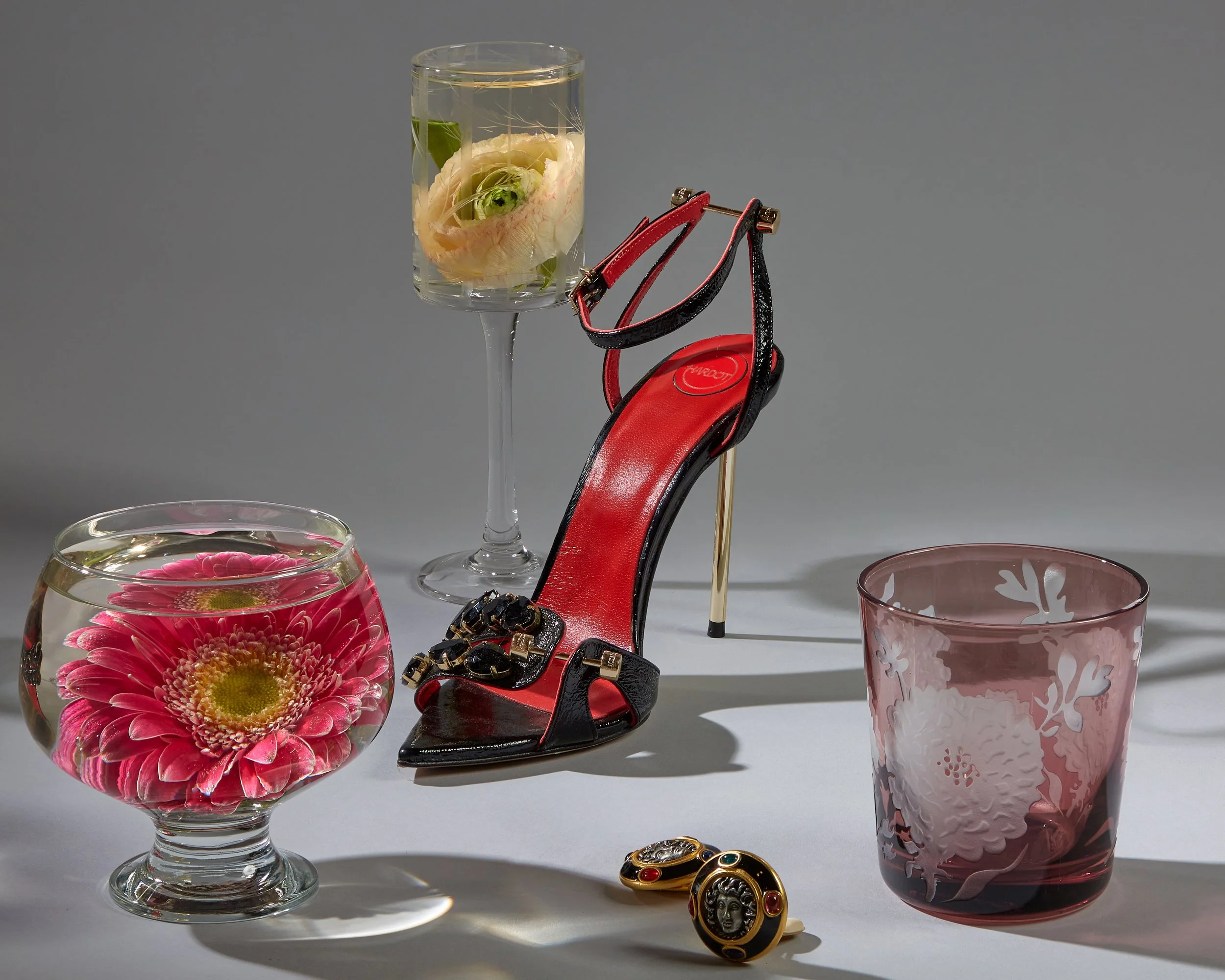 Accessories, Hand Bag, Shoe Designer Livaya and Polspotten glassware editorial, ad, still life image by Gabe weber and hope misterek 