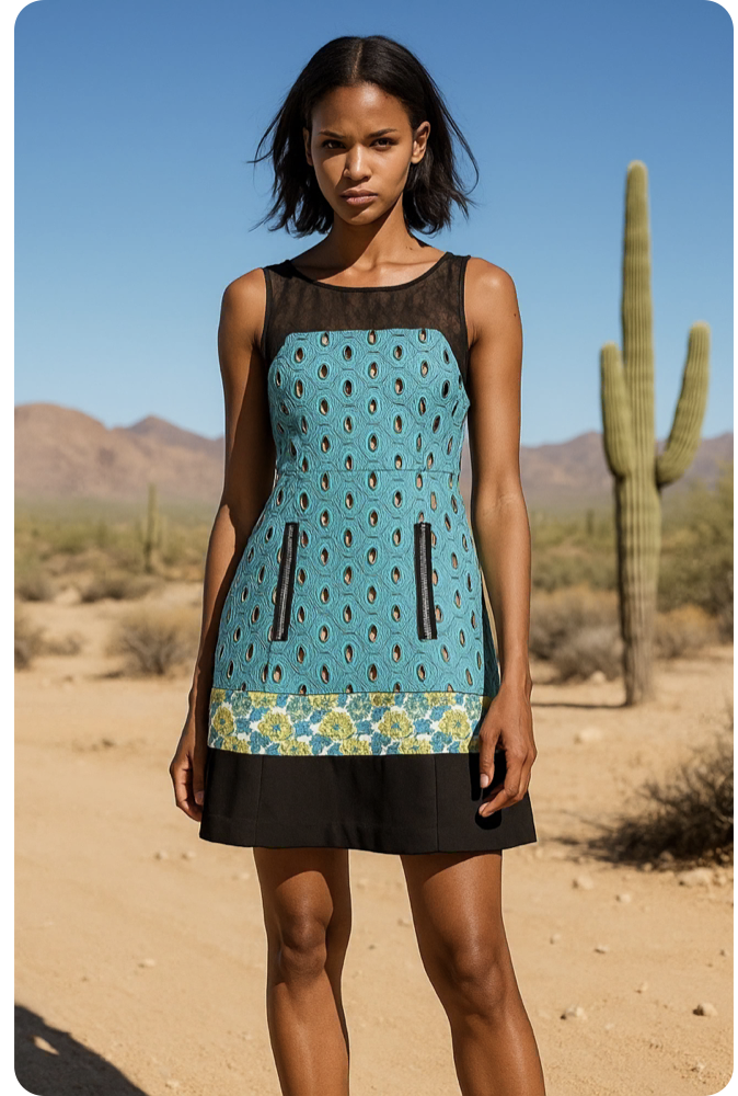 AI generated imagery on body on location advertising, e-commerce, marketing, catalog image created for for Ornamental Excess Vintage Clothing, an example of client work assisting in transition to AI technology, AI training, and AI integration