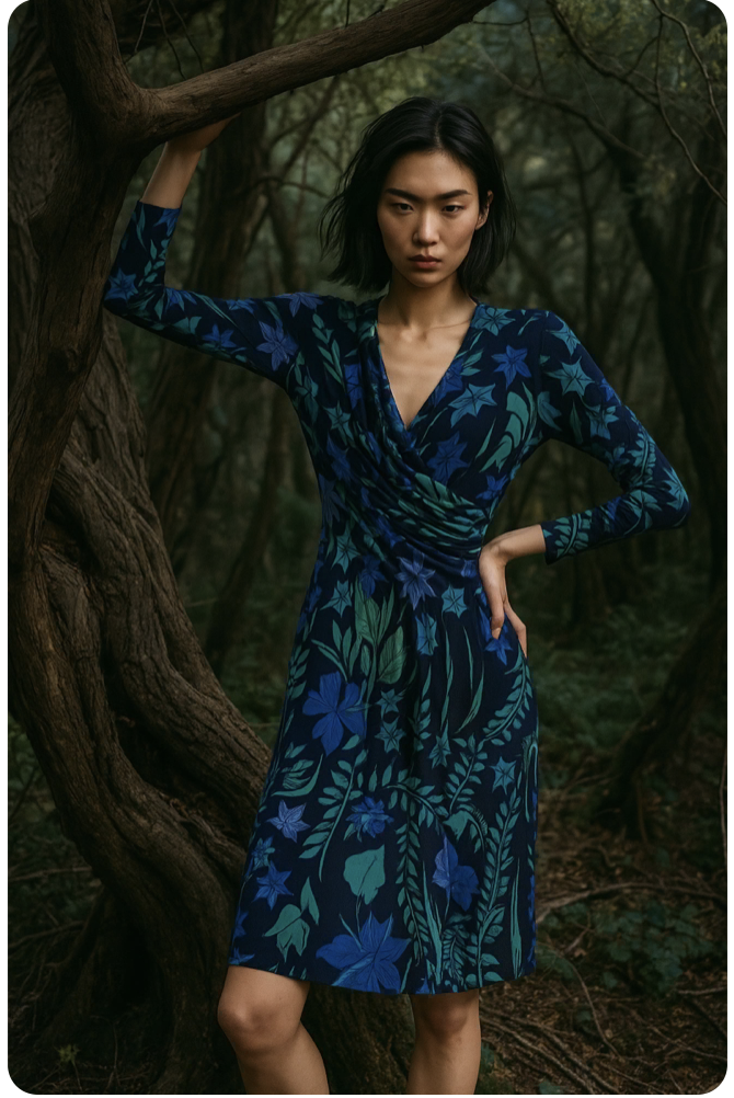 AI generated advertising, e-commerce, marketing, catalog image created for for Ornamental Excess Vintage Clothing, an example of client work assisting in transition to AI technology, AI training, and AI integration