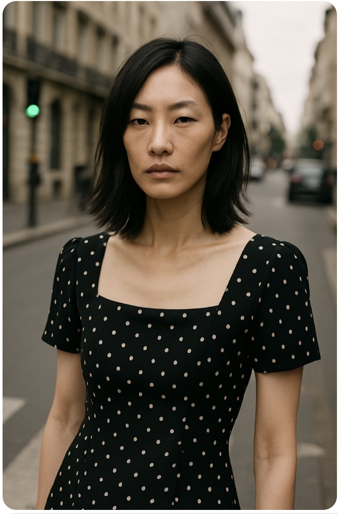 Leading work in AI generated imagery on body on location advertising, e-commerce, marketing, catalog image created for for Ornamental Excess Vintage Clothing, an example of client work specifying styling details including fit and proportion