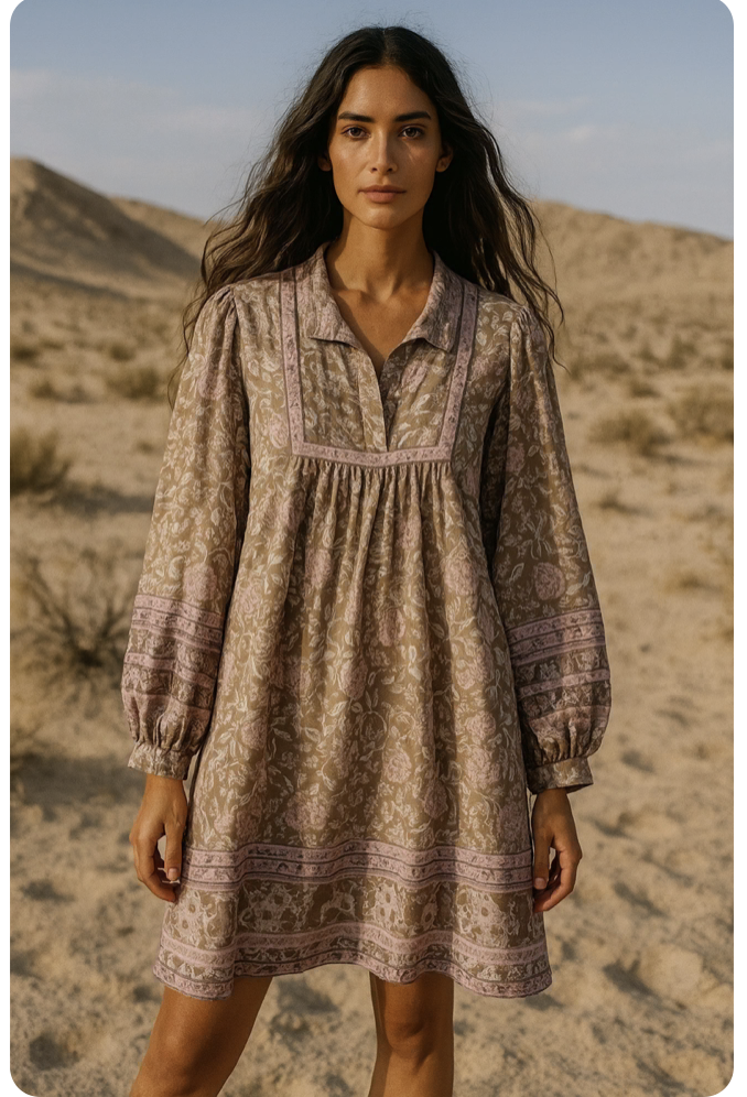 AI generated advertising, e-commerce, marketing, catalog image created for for Ornamental Excess Vintage Clothing, an example of client work assisting in transition to AI technology, AI training, and AI integration