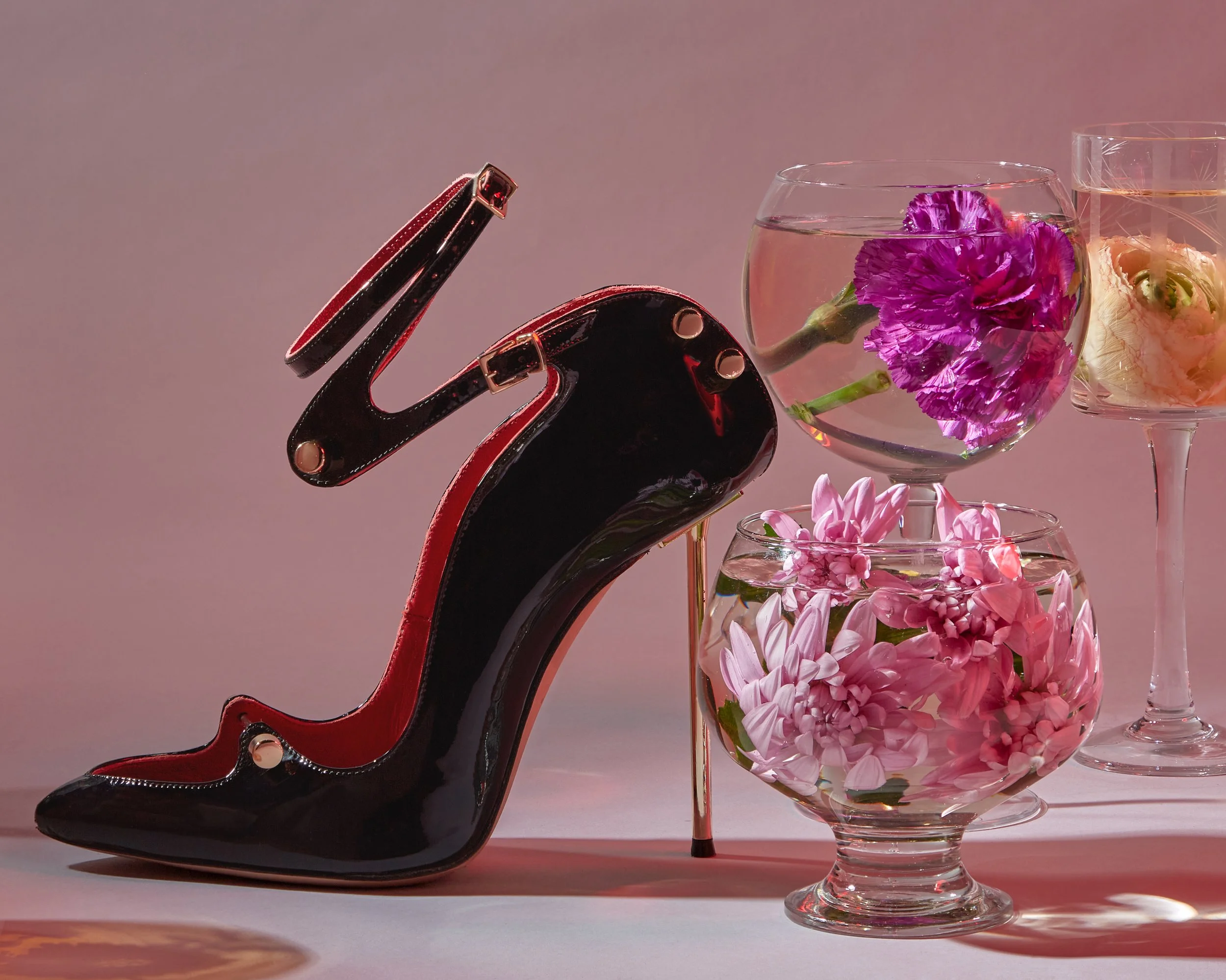 Accessories, Hand Bag, Shoe Designer Livaya still life image with glassware by Gabe weber and hope misterek production, photo, styling, propping, studio production