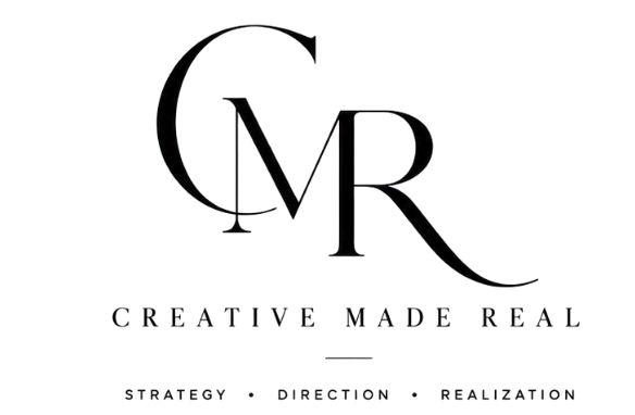 Logo with a large letter 'C' "M" 'R' intertwined, the words 'CREATIVE MADE REAL' and the phrase 'STRATEGY - DIRECTION - REALIZATION' below. Branding and Business consultancy