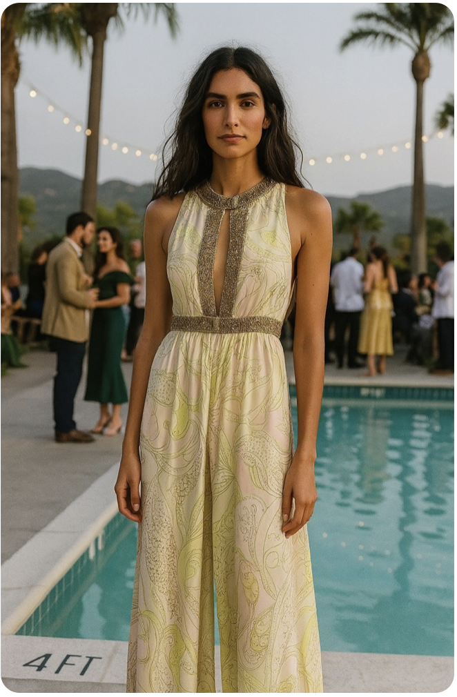 AI generated imagery on body on location advertising, e-commerce, marketing, catalog image created for for Ornamental Excess Vintage Clothing, an example of client work specifying styling details including fit and proportion