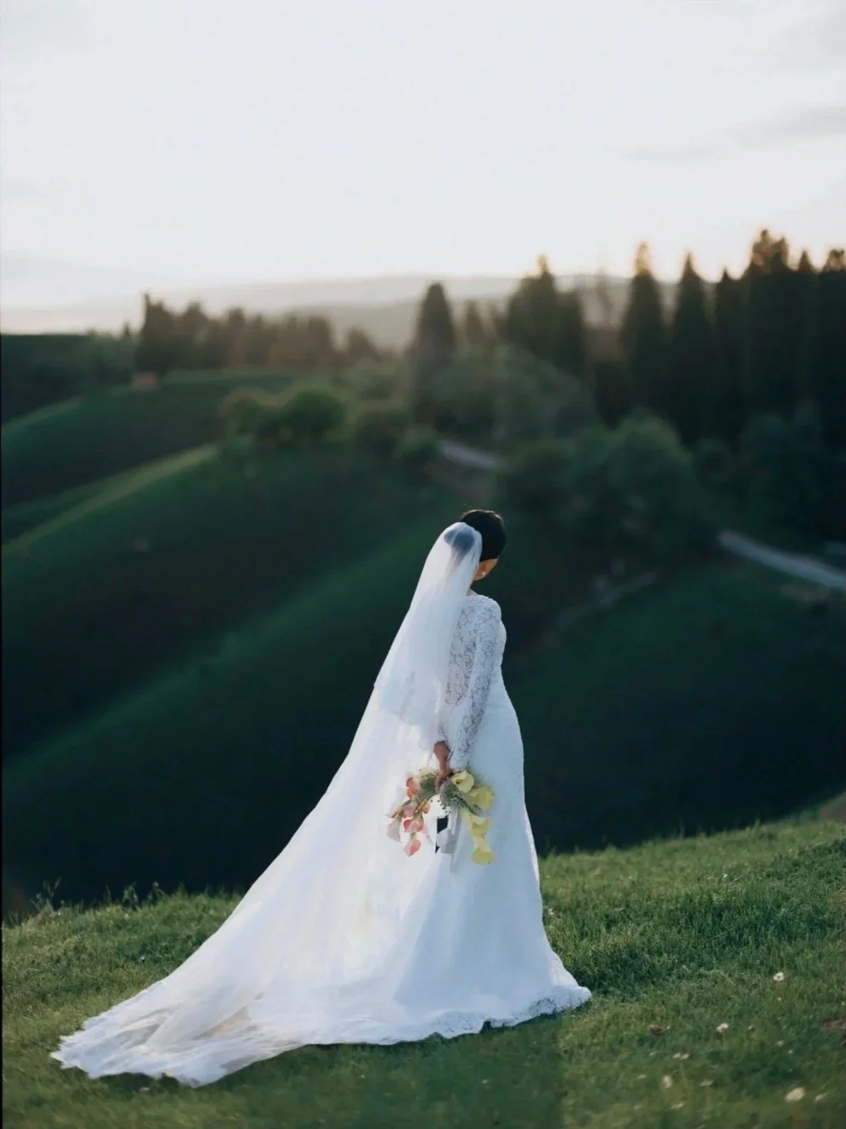 A bride in a white wedding dress holding a bouquet, standing on a grassy hill with a landscape of fields and trees in the background at sunset.