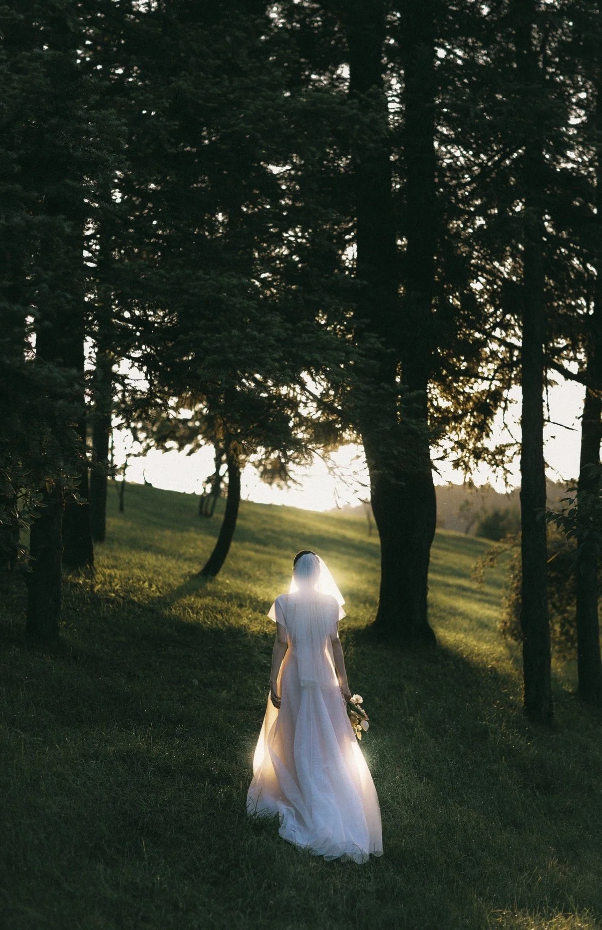 A bride in a white wedding dress with a veil walking in a green park at sunset, surrounded by tall trees with sunlight filtering through.