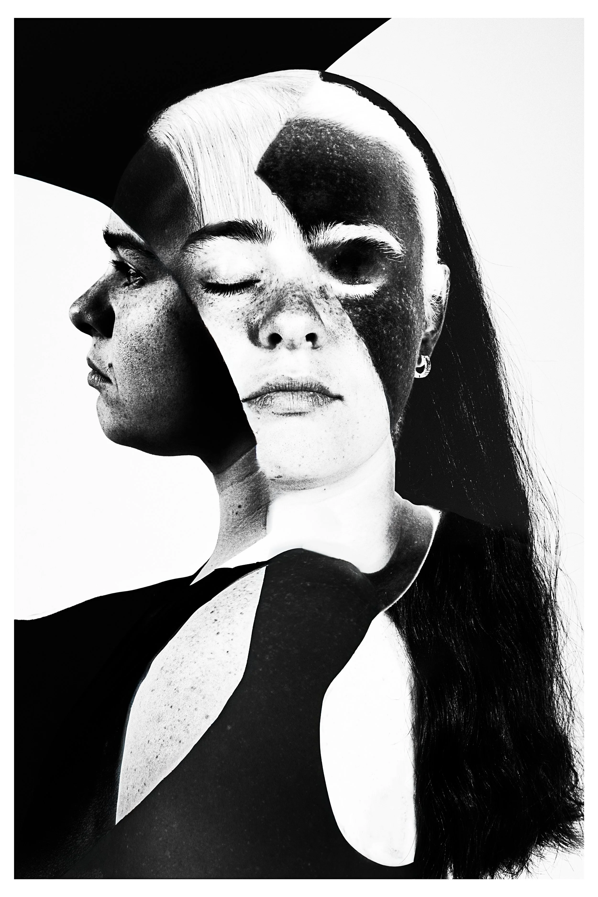 A black-and-white collage of a woman’s face and upper body, with her eyes closed and her head slightly tilted, blending into abstract shapes and contrasted light and dark areas.
