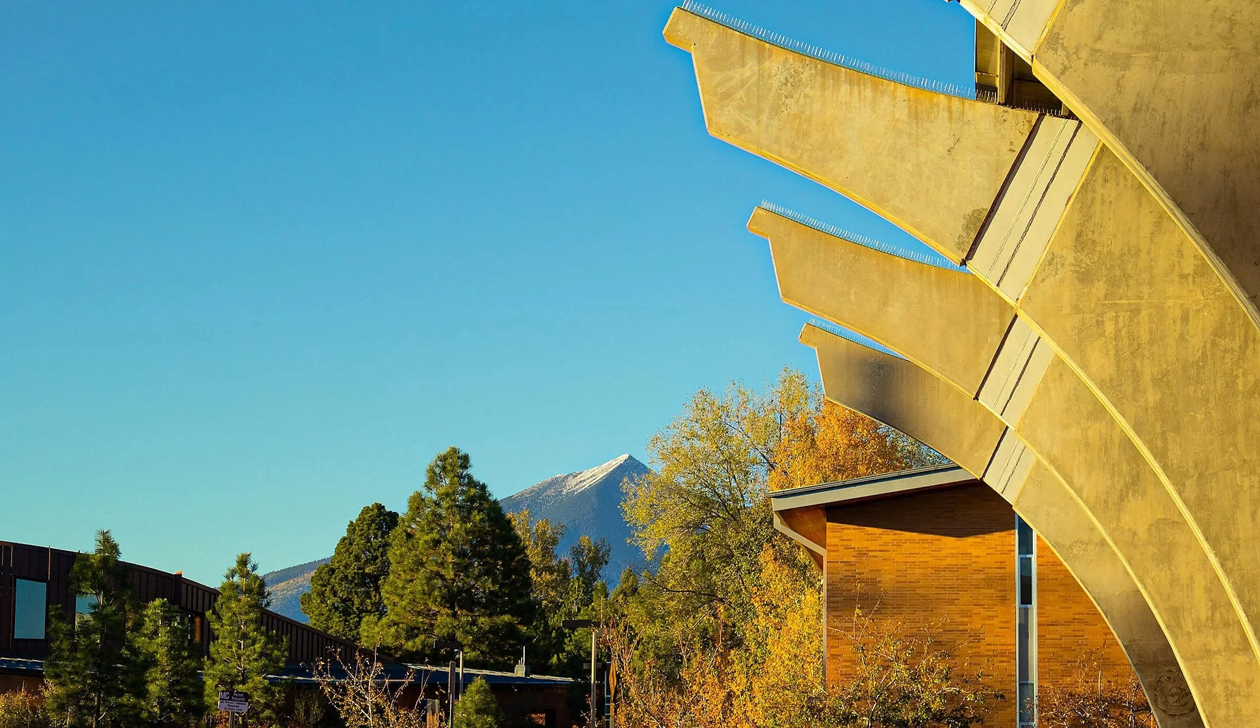 A modern building with a curved yellow roof and blue accents, surrounded by trees with fall foliage, under a clear blue sky with a snow-capped mountain in the background.