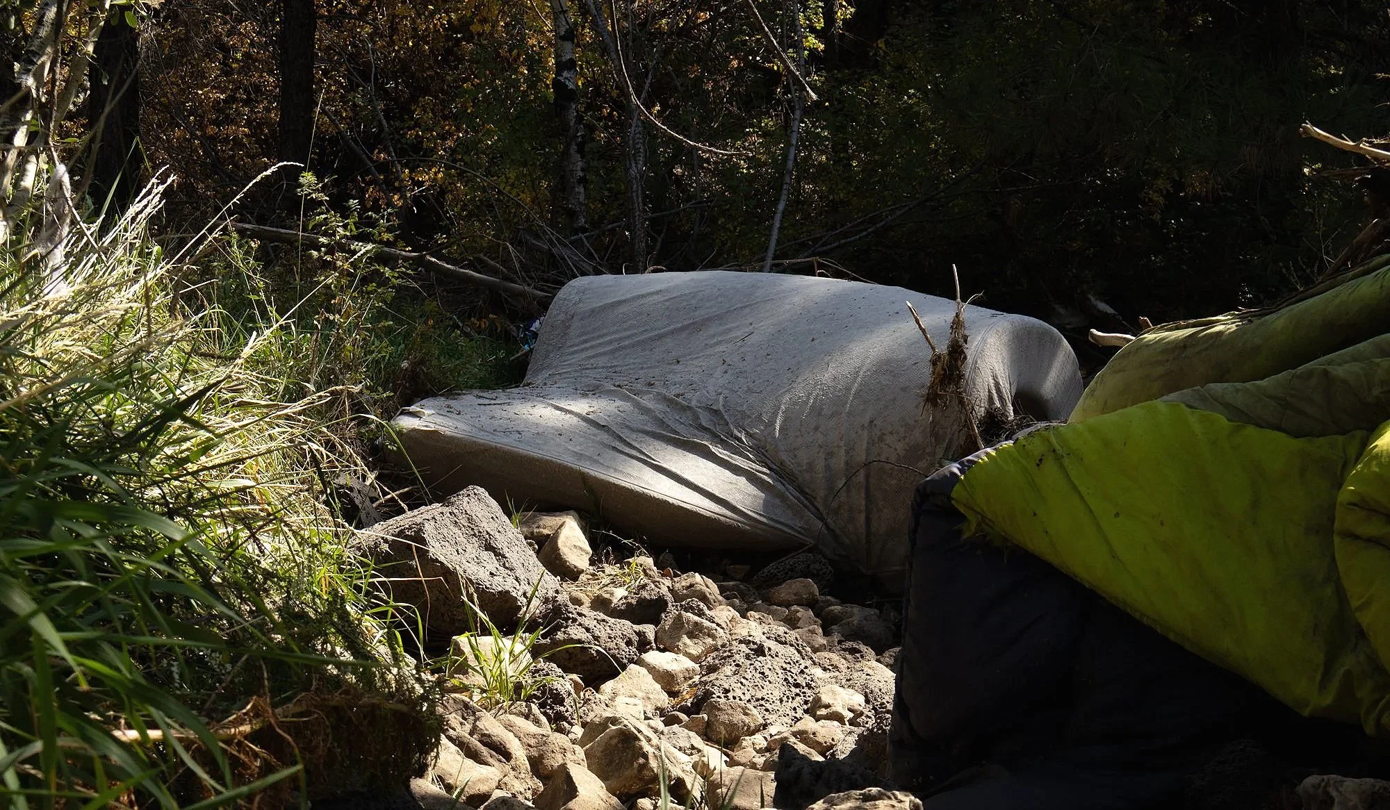 A white plastic bag and a yellow sleeping bag are lying on rocky ground among green plants and trees in a shaded forest area.
