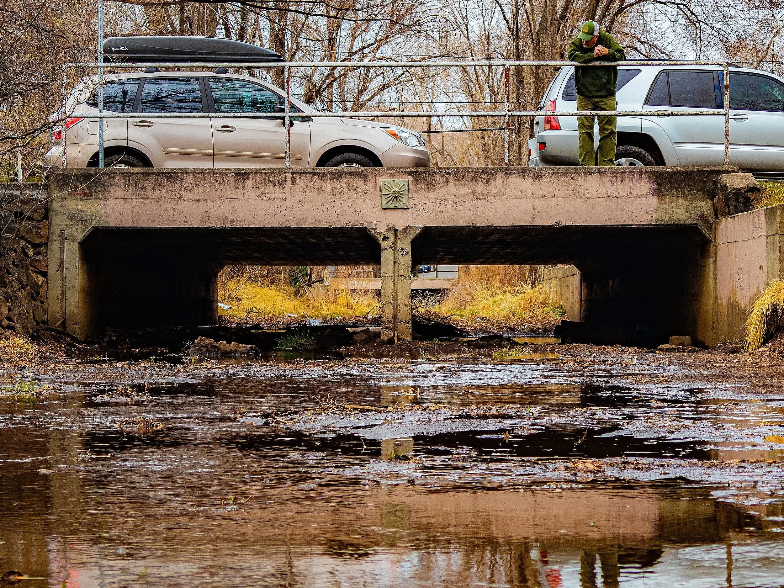A bridge with two parked cars on top of it, overlooking a river with muddy water, and trees with no leaves in the background.