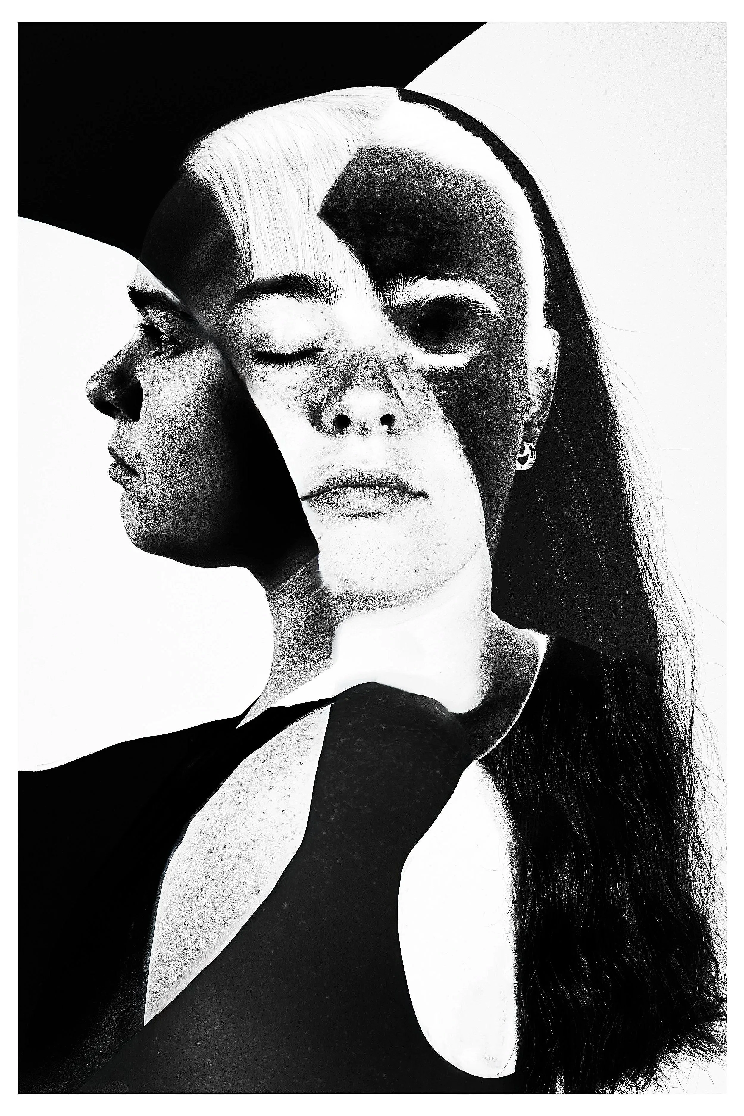 Black and white artistic portrait of a woman's face, with one side showing her profiles and the other side displaying a watercolor-like effect with black and white contrast.