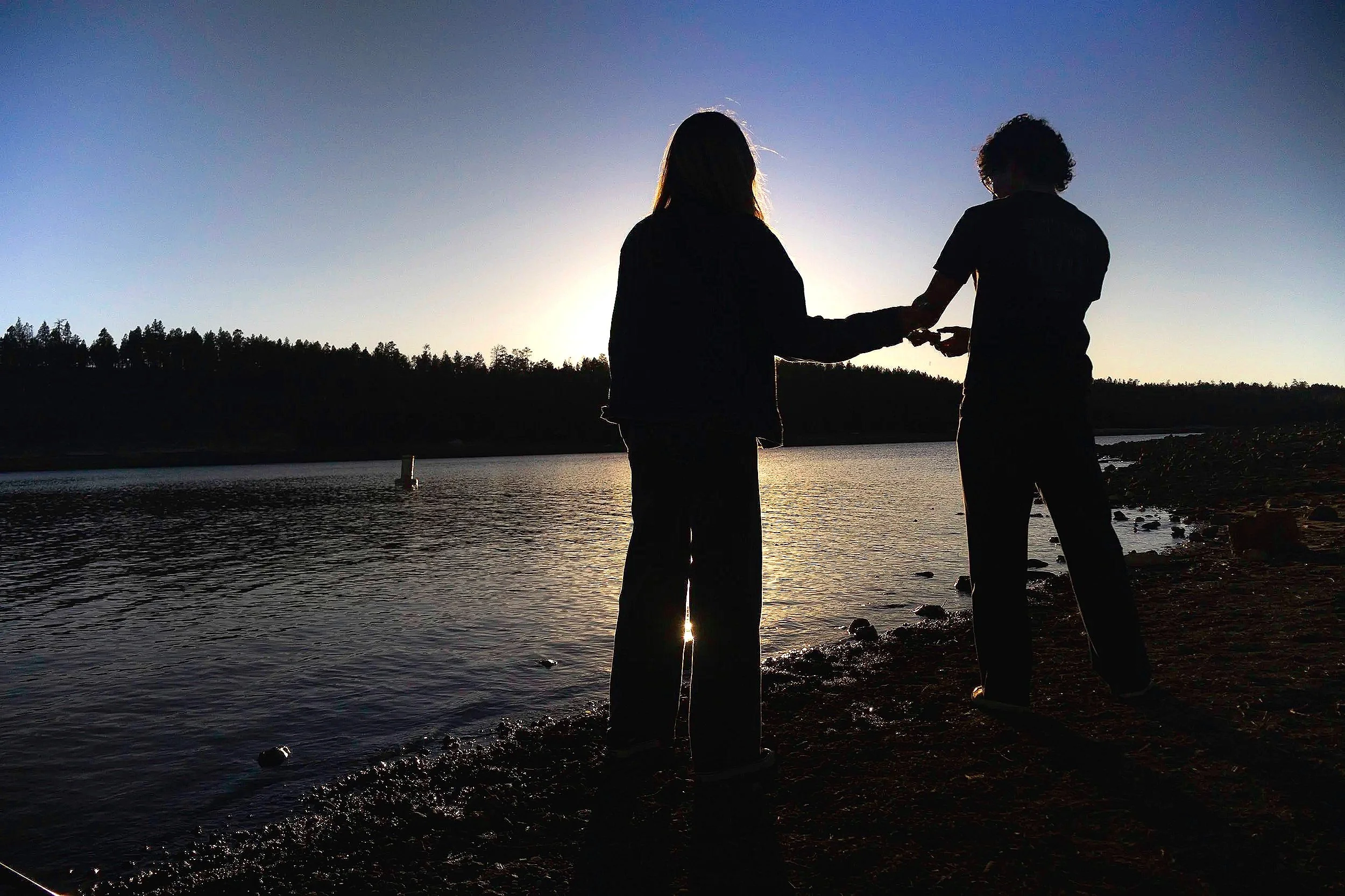 Silhouettes of two children, a girl and a boy, holding hands on a rocky shoreline at sunset, with a lake and forested hills in the background.