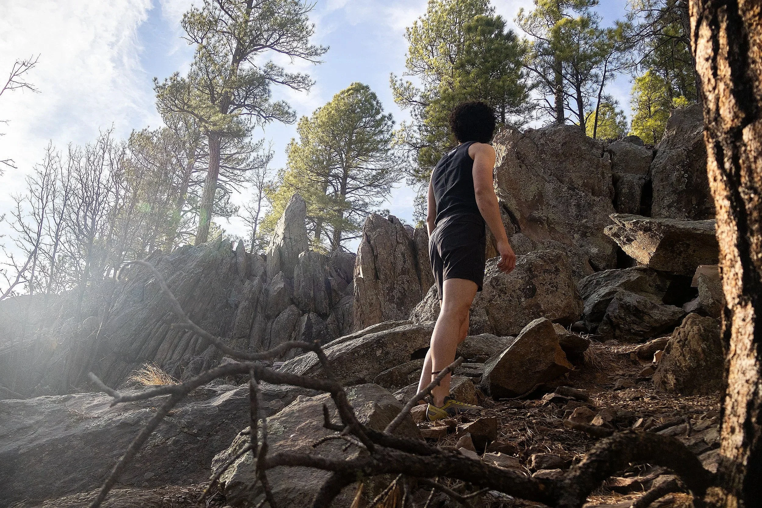 A person with curly black hair climbing rocks in a forested area with tall green pine trees and a partly cloudy sky.