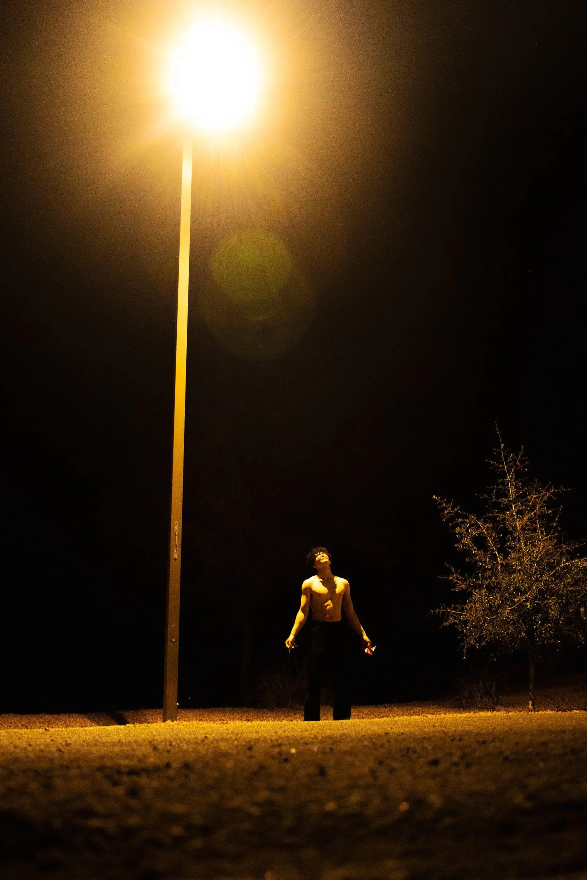 A shirtless person standing outdoors at night under a tall streetlamp, with a dark sky and some trees in the background.