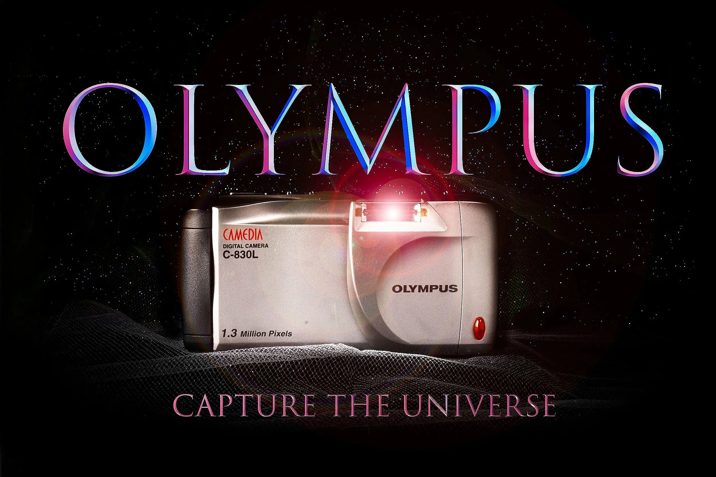 The image shows the word 'OLYMPUS' in large, colorful 3D letters floating in space with star-like dots. Below, there is a partial view of an Olympus camera with a lens, and the camera has a sticker that reads 'Digital Camera C-830L' and '1.3 Million 