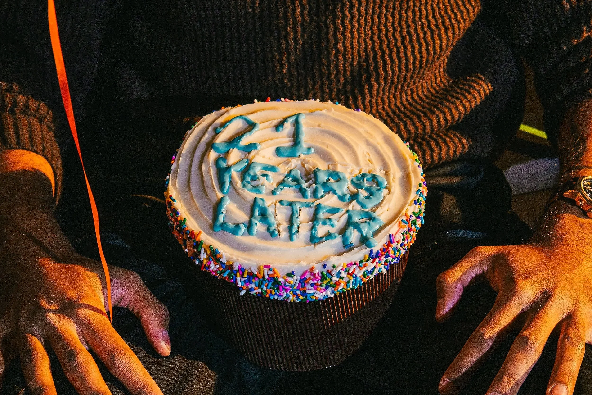 A person holding a birthday cake with white frosting, colorful sprinkles on the sides, and blue writing on top that says '21'. The person's hands are visible, and they are wearing a dark textured jacket.