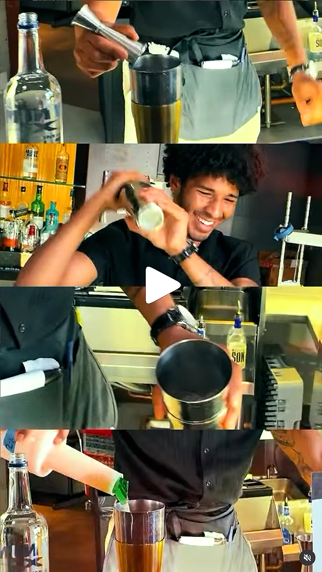 Two bartenders preparing cocktails behind a bar, one pouring a liquid from a shaker into a glass, the other holding a shaker, and various bottles of alcohol on the shelves in the background.