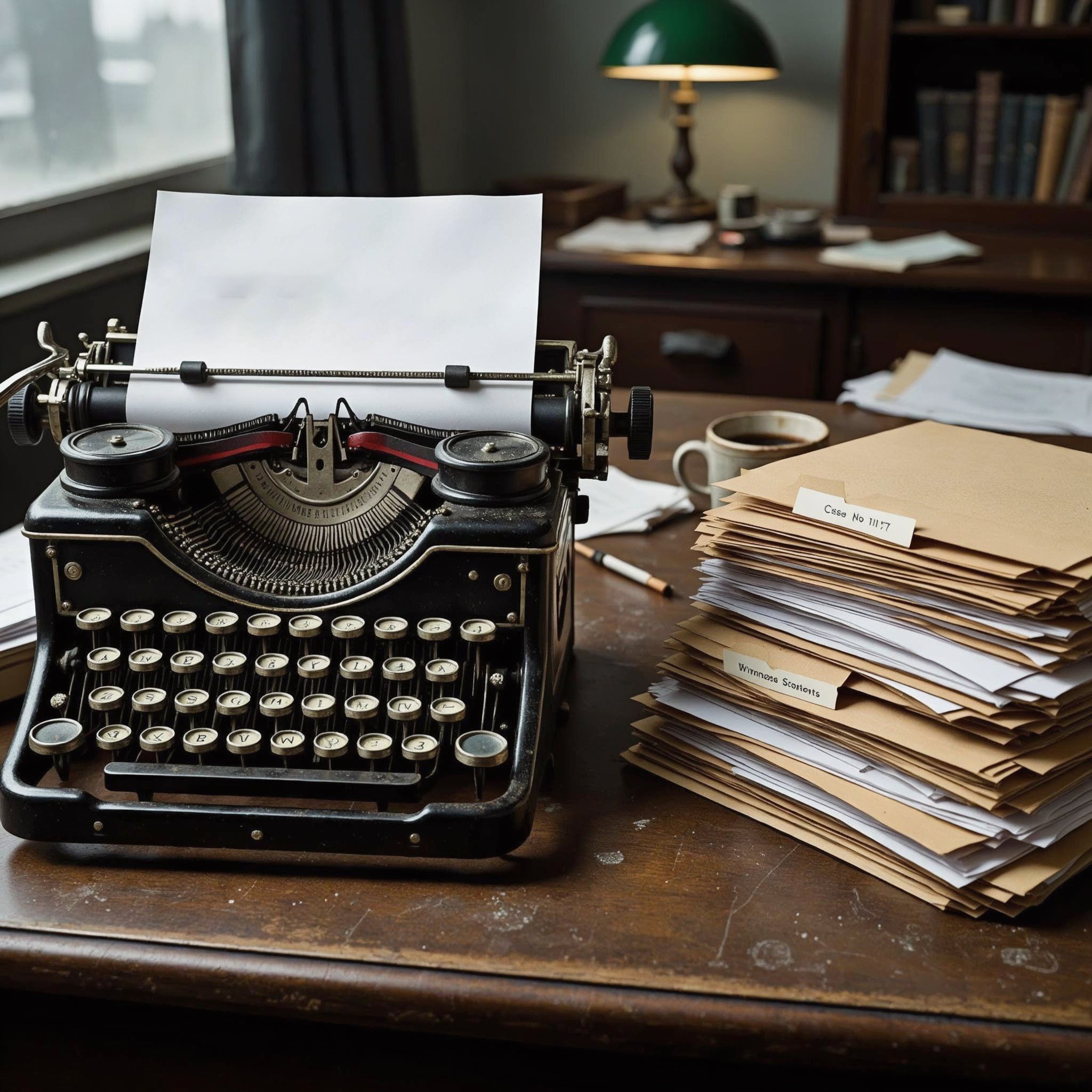 A vintage typewriter with a sheet of paper inserted on a cluttered wooden desk with stacks of paper and a cup of coffee, in a study or office room.