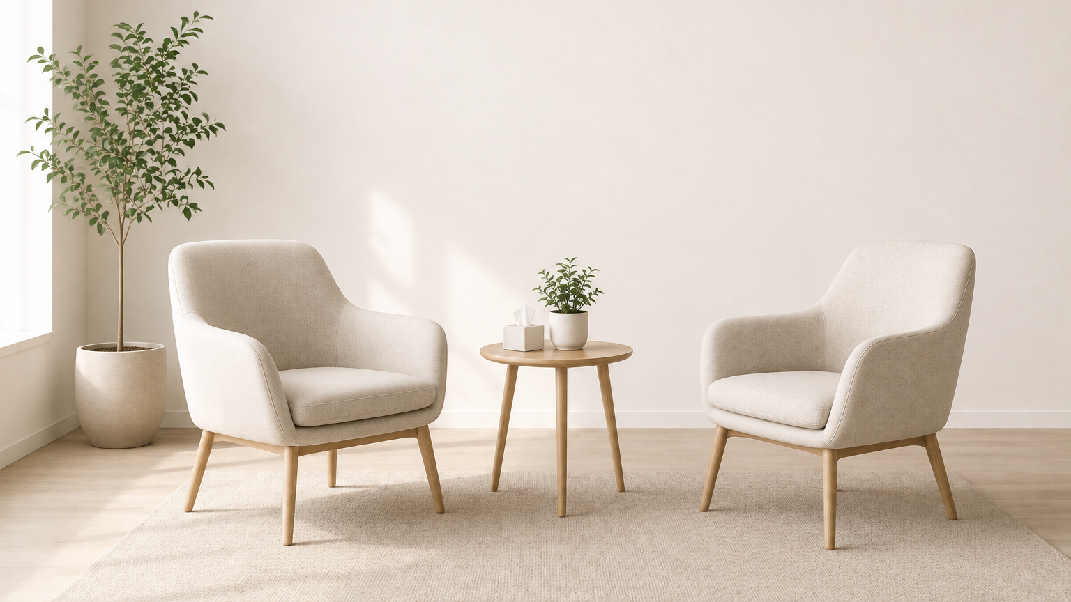 Minimalist living room with two beige armchairs, a small round wooden side table between them, a potted plant and a tissue box on the table, a large potted plant in the corner, and a neutral-toned area rug on a light wood floor near a window.