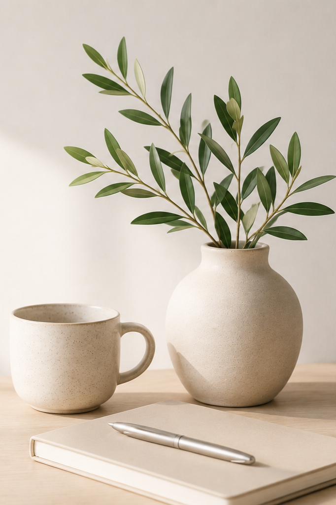 A white ceramic mug, a notebook with a silver pen on top, and a large beige ceramic vase with green leafy branches, arranged on a light wooden surface against a plain white background.