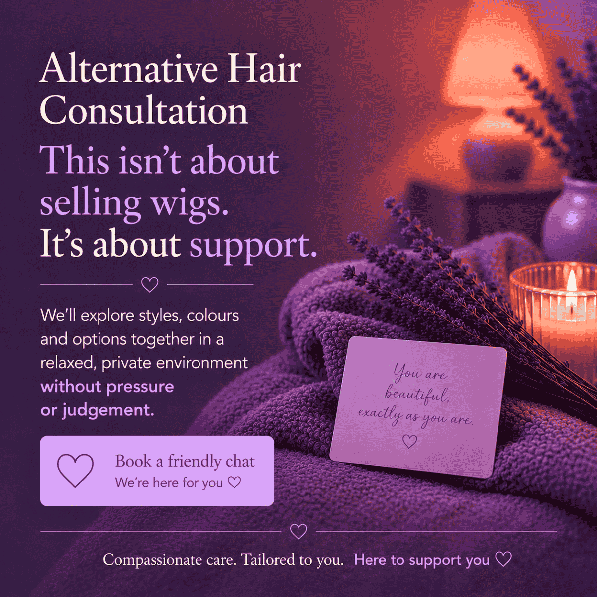 Private Alternative Hair Consultation providing guidance, reassurance and practical support when considering wigs or alternative hair.