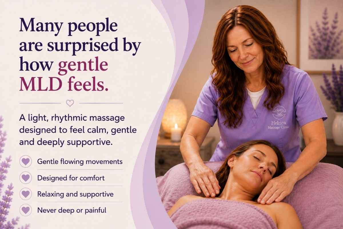 Gentle Manual Lymphatic Drainage massage using light rhythmic movements to support lymph flow and wellbeing.