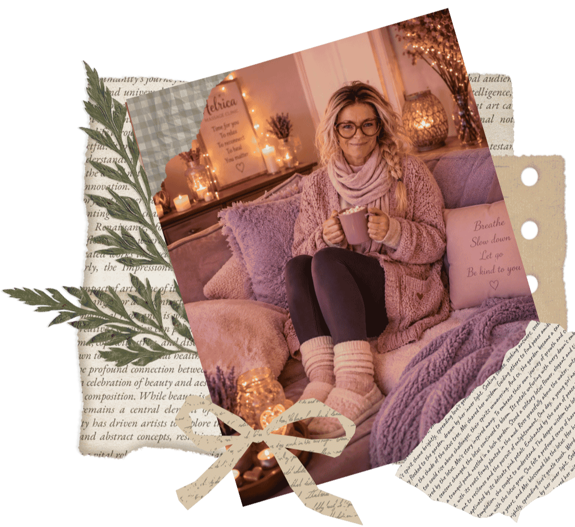 Helena relaxing with a cup of tea in a cosy setting, reflecting comfort, warmth and taking time to slow down.