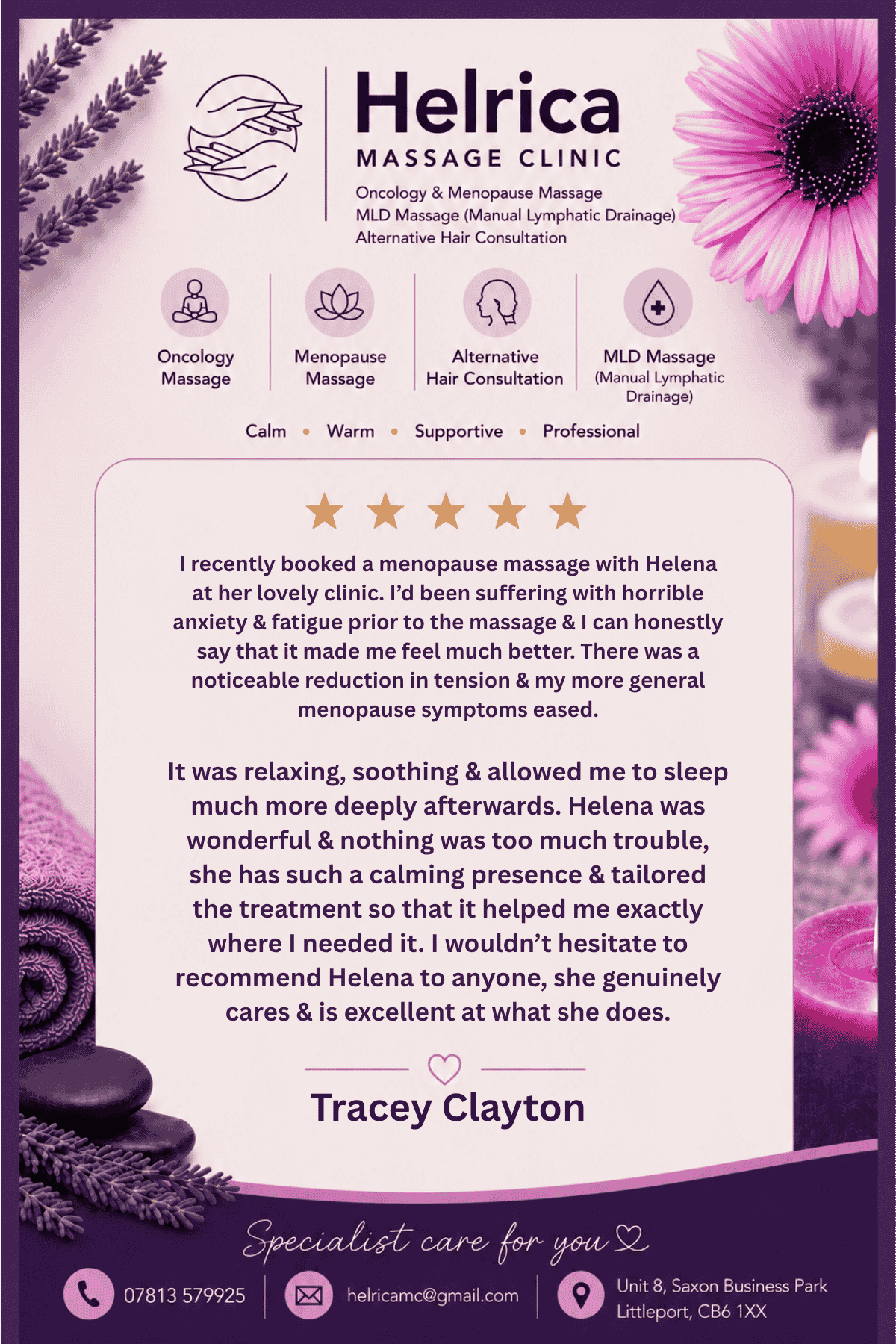 Menopause massage testimonial highlighting reduced anxiety, improved sleep and personalised care at Helrica Massage Clinic.
