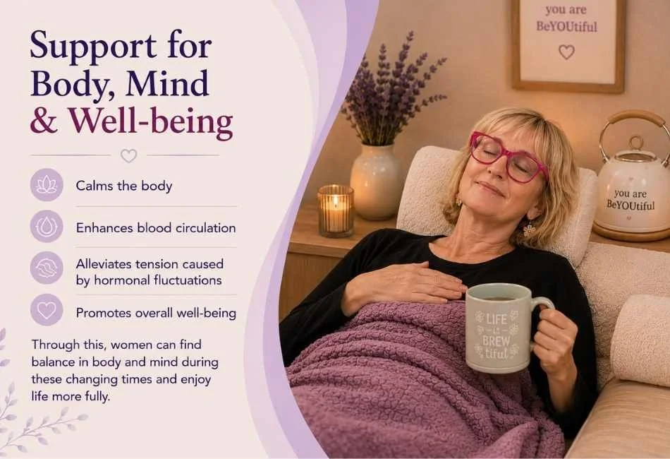 Benefits of menopause massage including relaxation, improved circulation, reduced tension and enhanced overall wellbeing.
