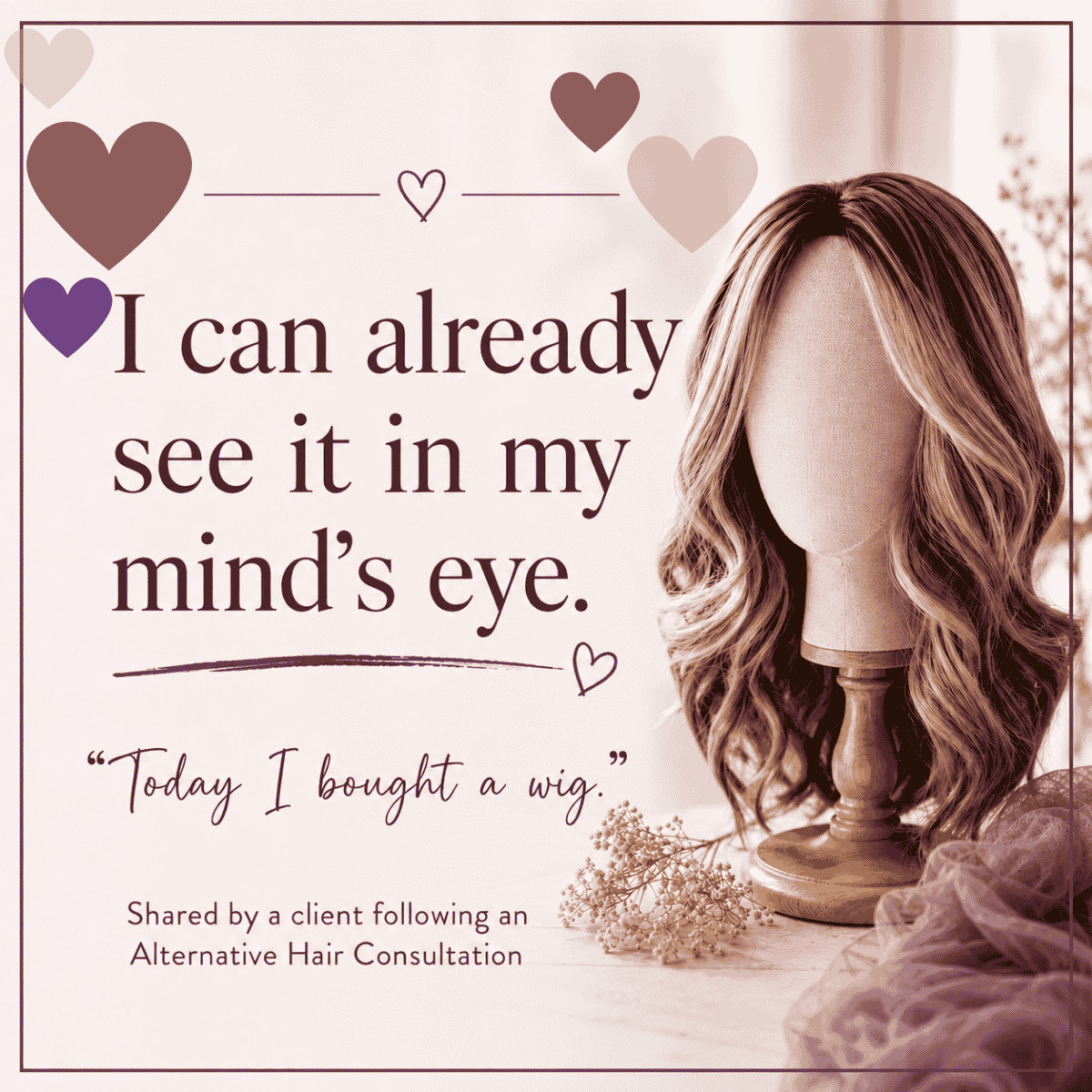 Helrica graphic featuring a wig on a mannequin head with wavy hair, decorated with hearts and floral accents, and a quote about buying her wig at Helrica Alternative Hair Consultation.