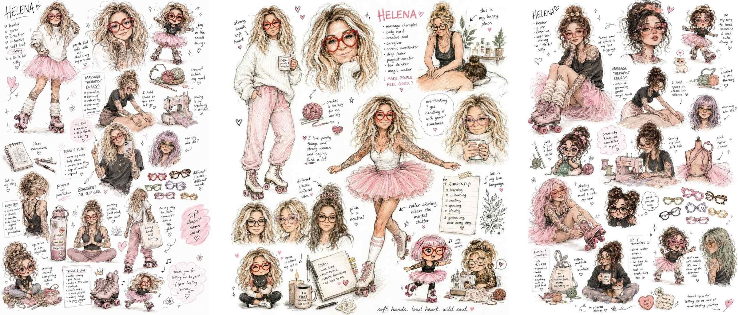 Scrapbook-style introduction graphic inviting visitors to get to know Helena over a cup of tea and learn more about her story.