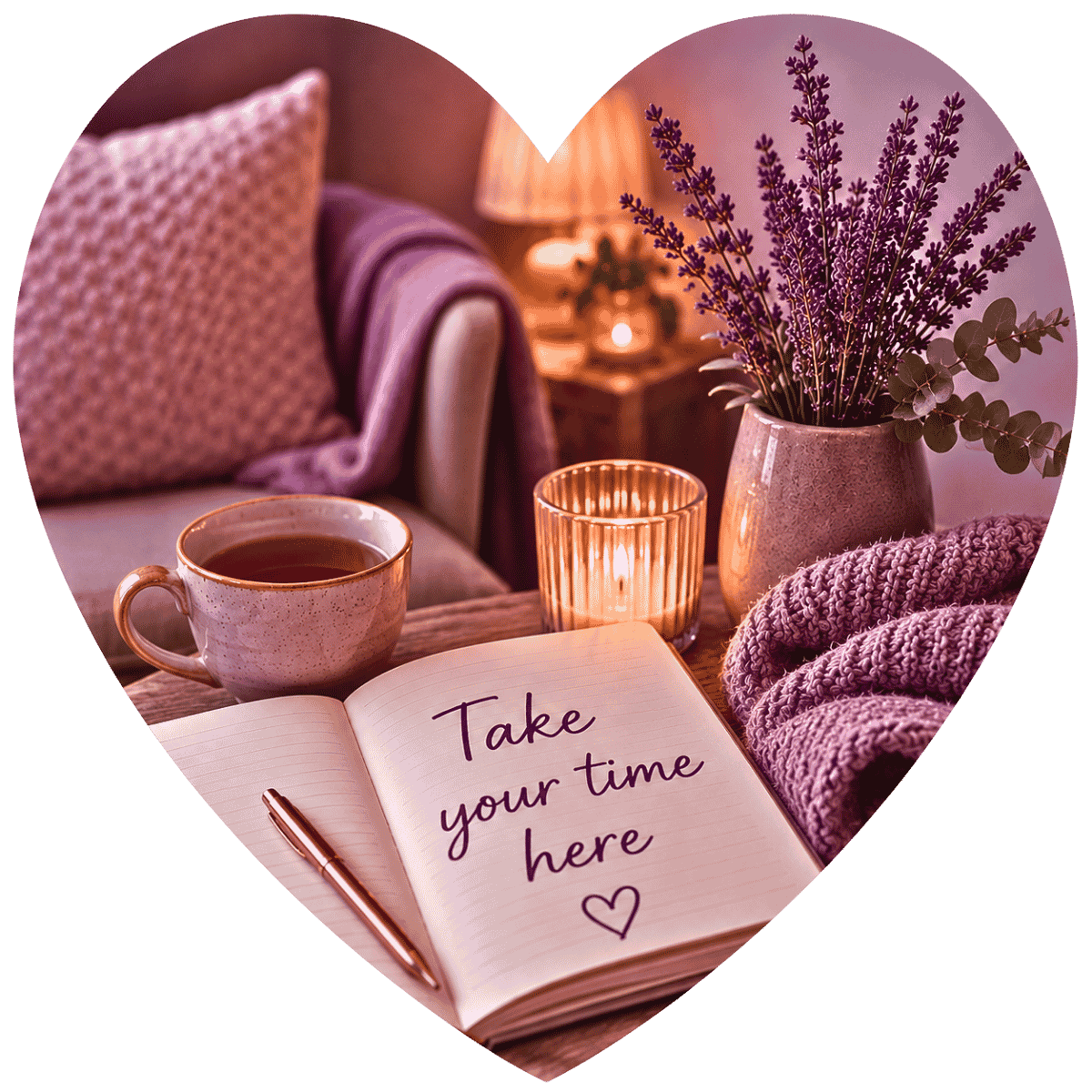 Relaxing wellbeing setting with tea, lavender and soft furnishings encouraging women to take their time and feel supported.