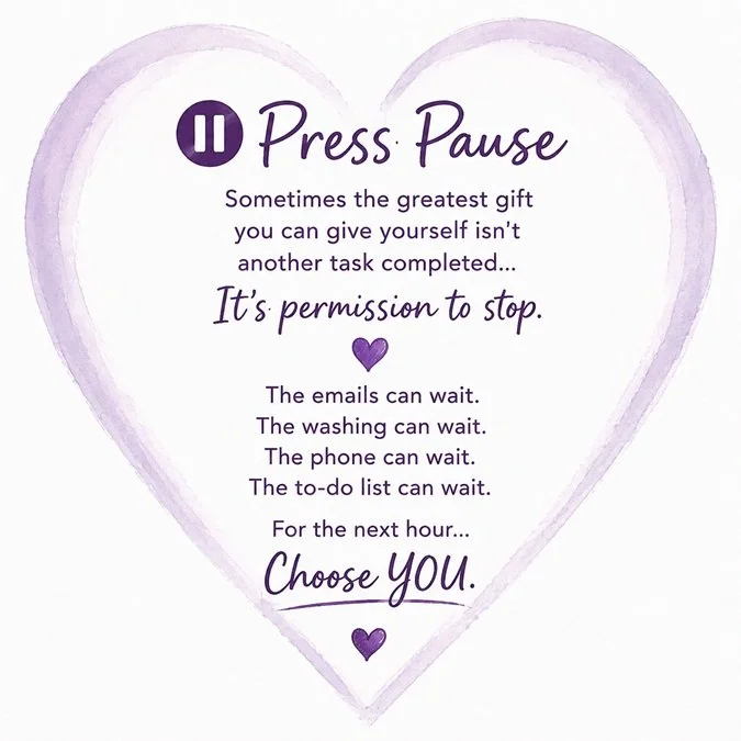 Press Pause self-care message encouraging clients to choose time for themselves at Helrica Massage Clinic in Littleport.