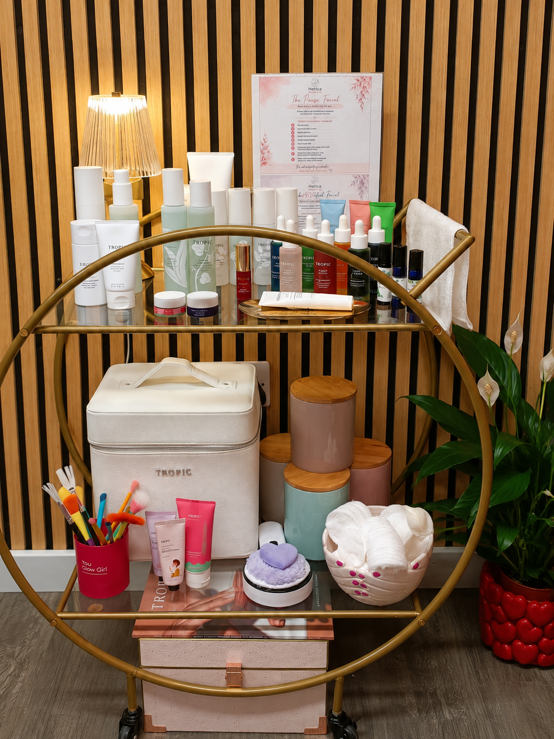 Facial treatment trolley at Helrica Massage Clinic in Littleport set up with Tropic skincare products.