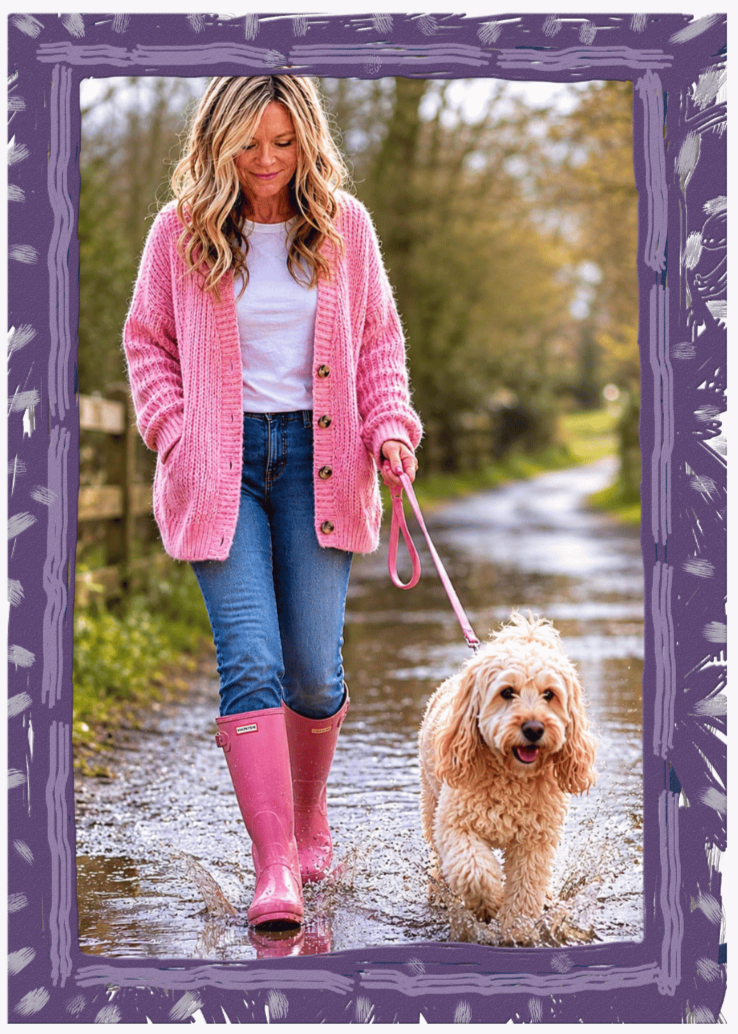 Helena enjoying a countryside walk with her dog, reflecting balance, wellbeing, fresh air and making time for yourself.