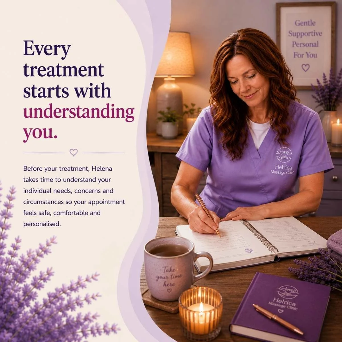 Helena from Helrica Massage Clinic reviewing consultation notes before a treatment to provide safe, personalised massage care in Littleport, Cambridgeshire.