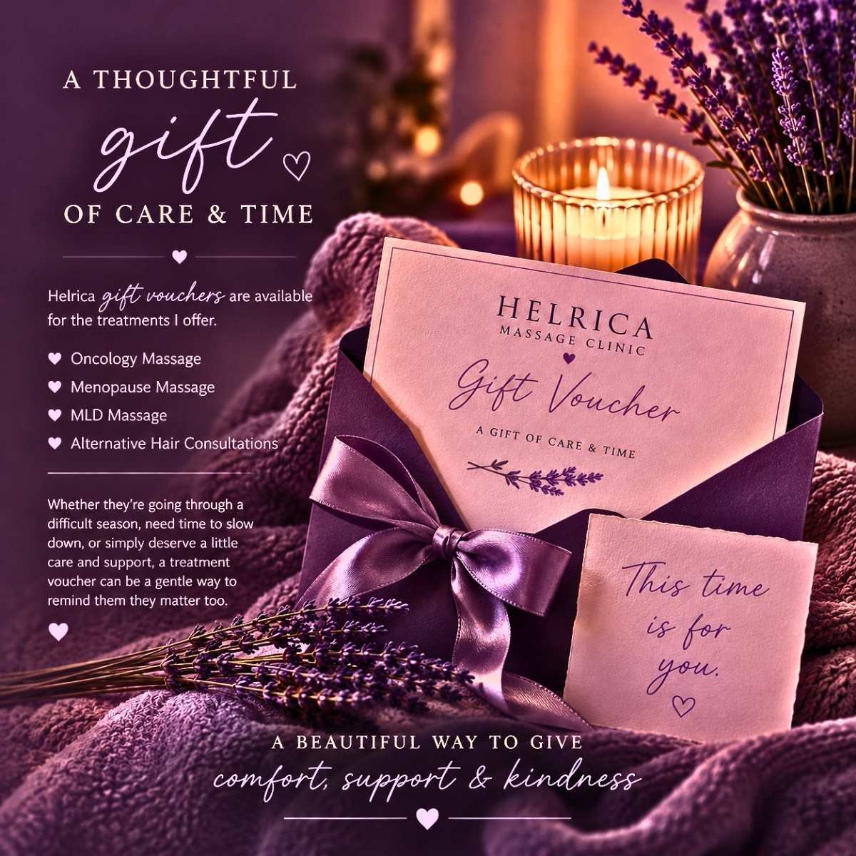 Gift vouchers available from Helrica Massage Clinic for oncology massage, menopause massage, lymphatic drainage massage and wellbeing treatments.
