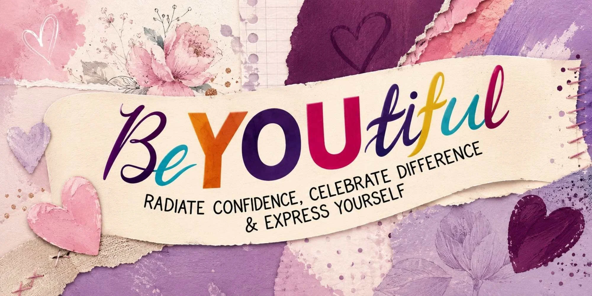 Be YOUtiful graphic celebrating confidence, self-expression, individuality and feeling comfortable being yourself.