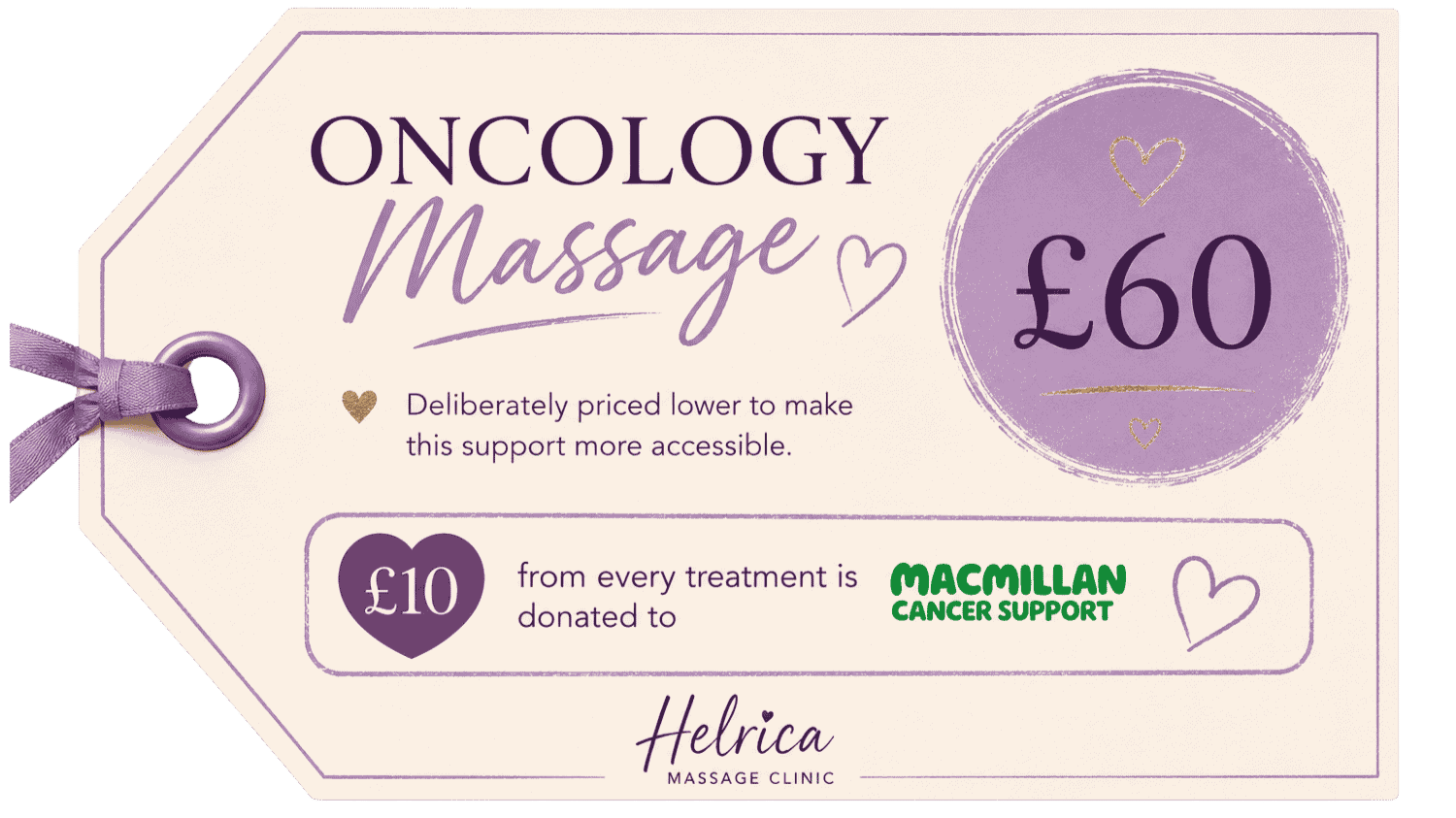A promotional tag for oncology massage services from Helrica Massage Clinic, priced at 60 pounds, with an option to donate 10 pounds to Macmillan Cancer Support with purple, gold, and green decorative elements and hearts.